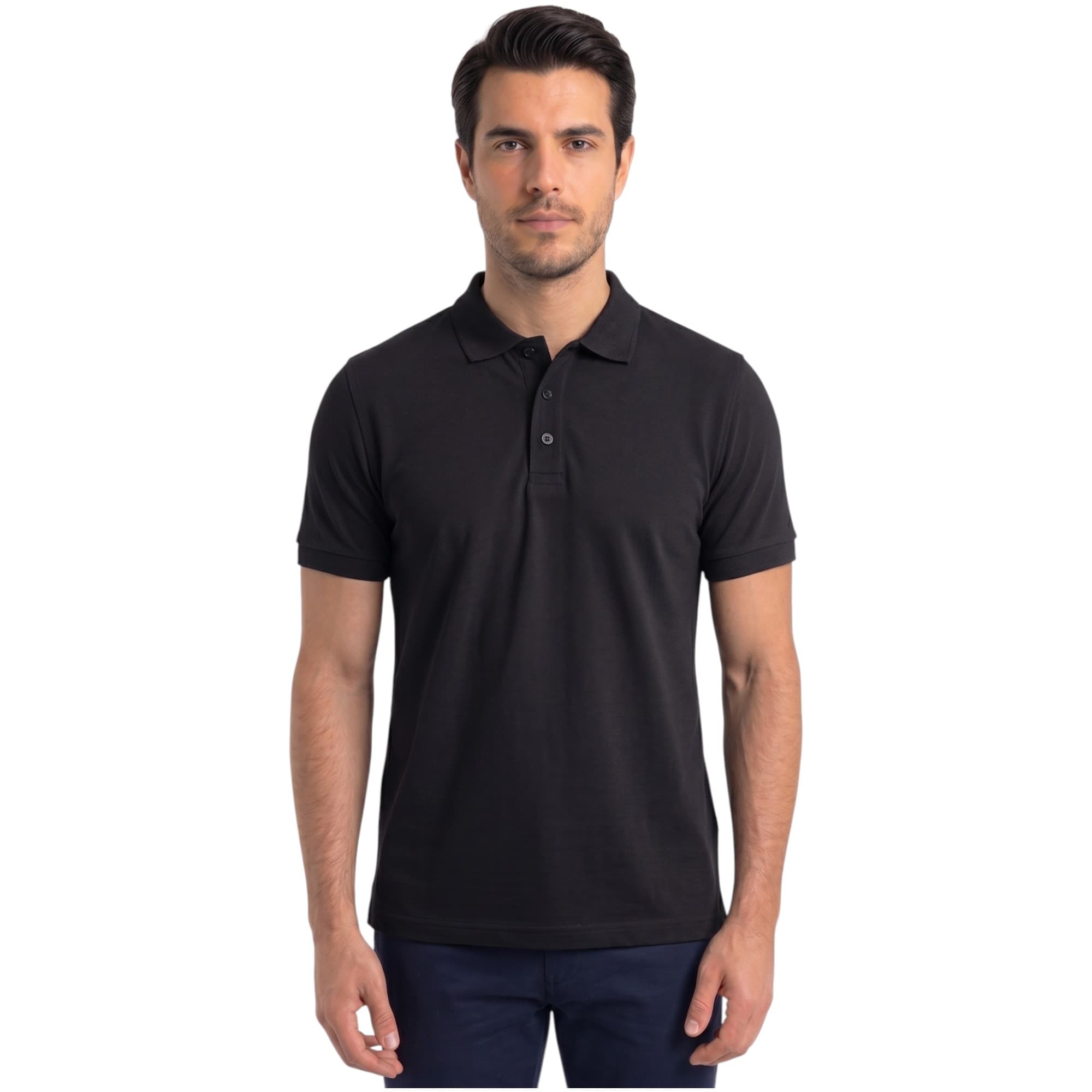 BAKARUDA mens black polo shirt with three-button placket, front view