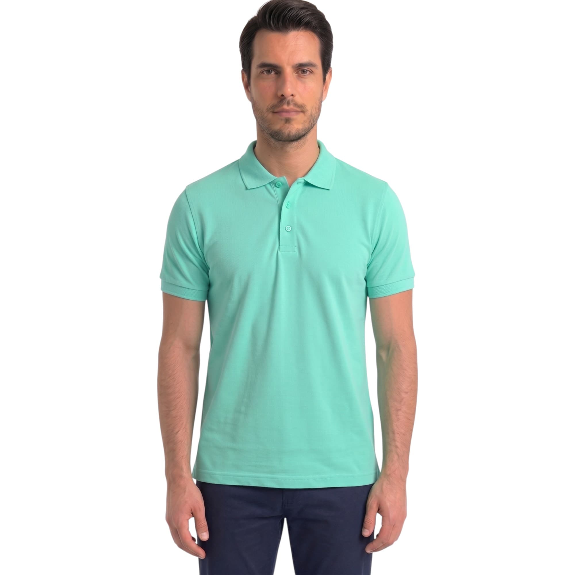 BAKARUDA men's chalky mint cotton polo shirt with three-button placket, front view