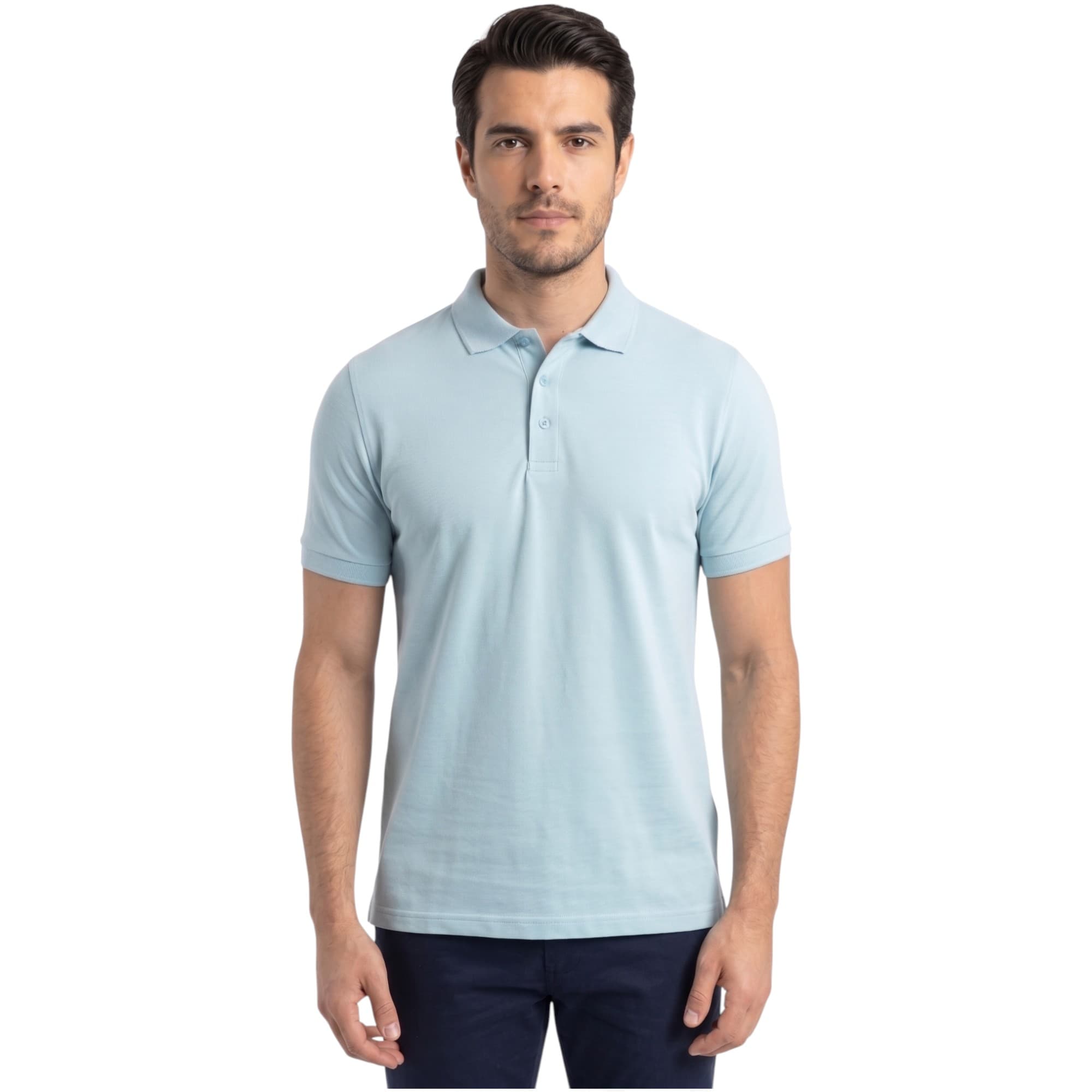 Bakaruda mens chambray polo shirt front view with three-button placket