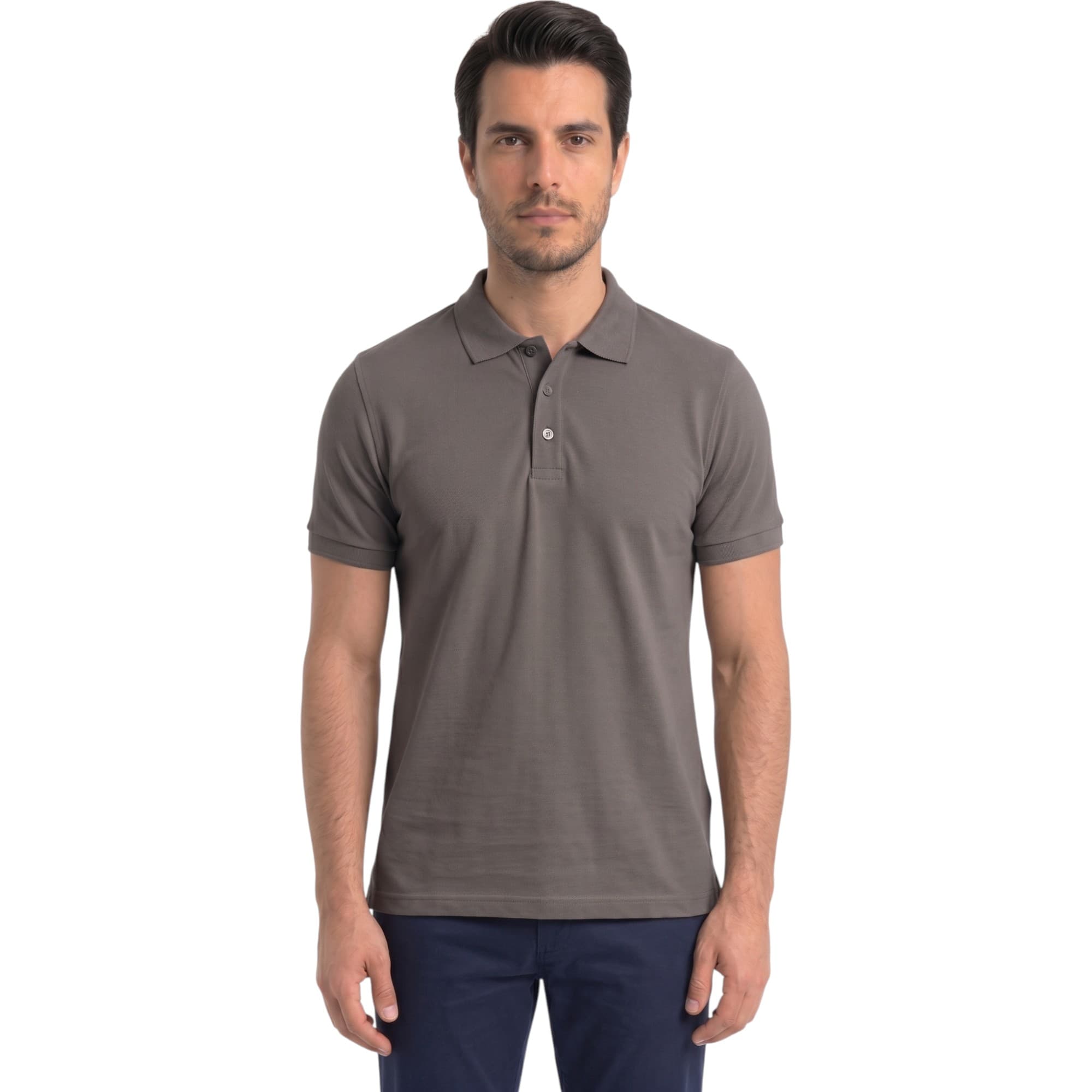 Bakaruda mens charcoal polo shirt with three-button placket, front view