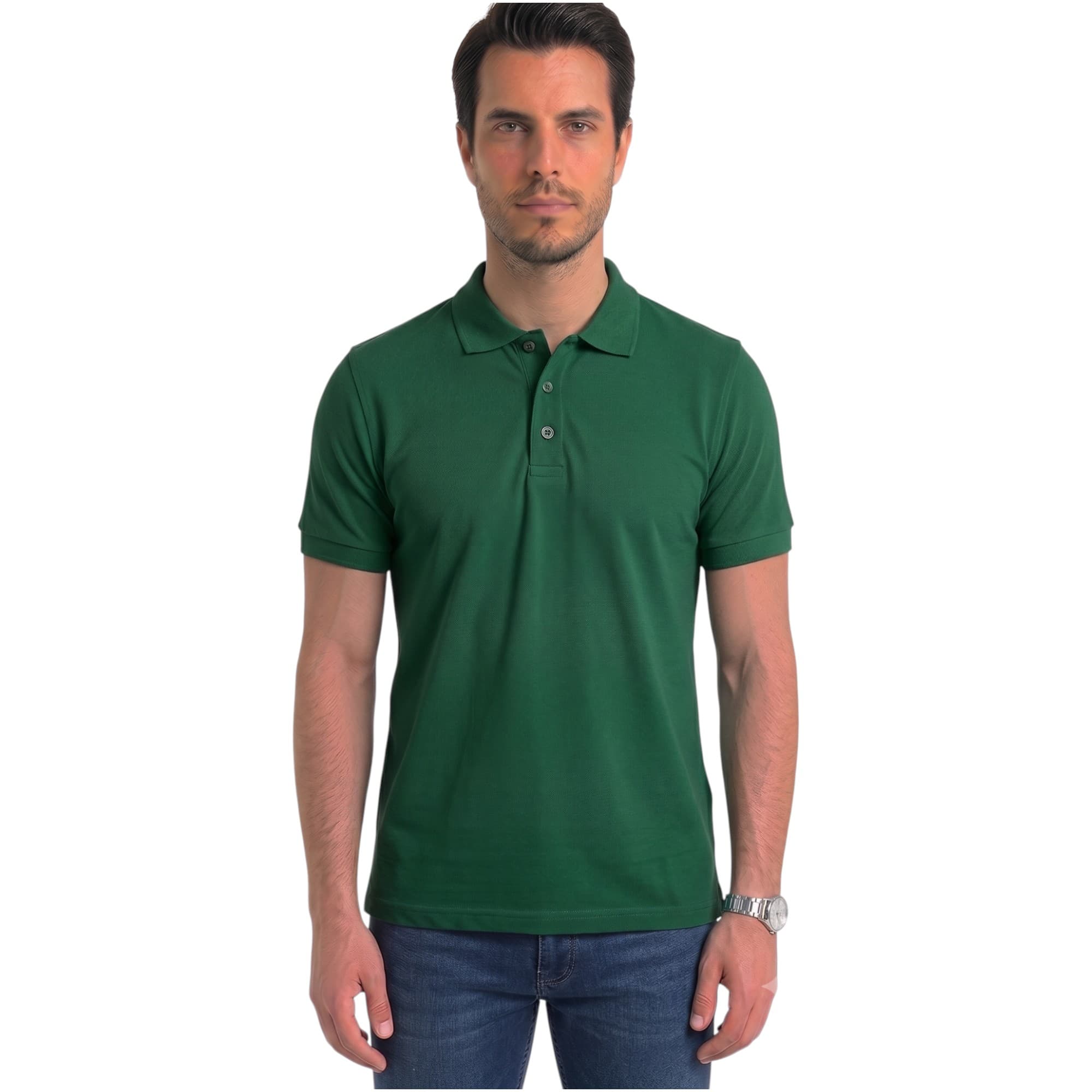 BAKARUDA forest green mens cotton polo shirt front view with three-button placket