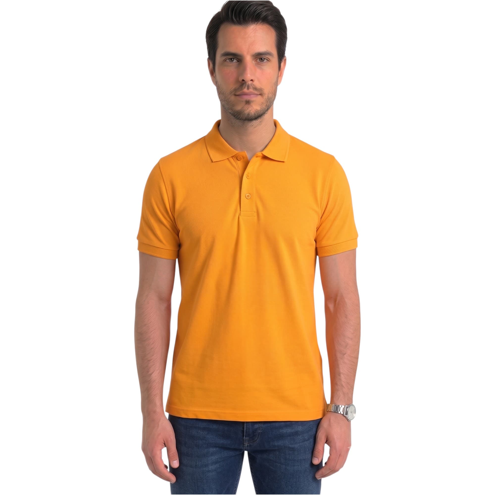 Bakaruda gold men's polo shirt front view with three-button placket