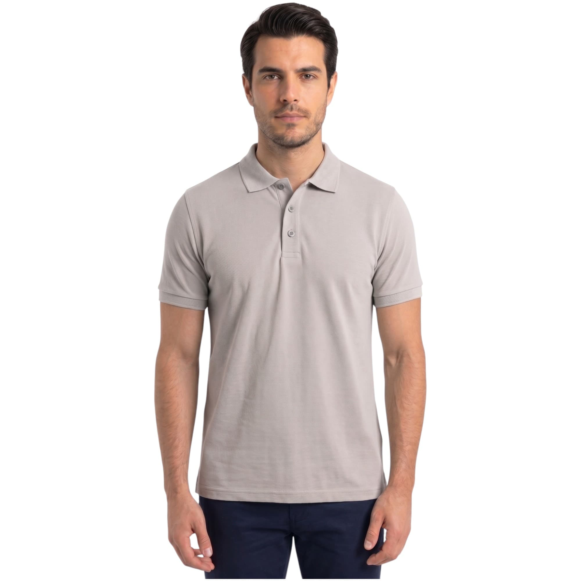 Bakaruda men's grey cotton polo shirt with three-button placket, front view