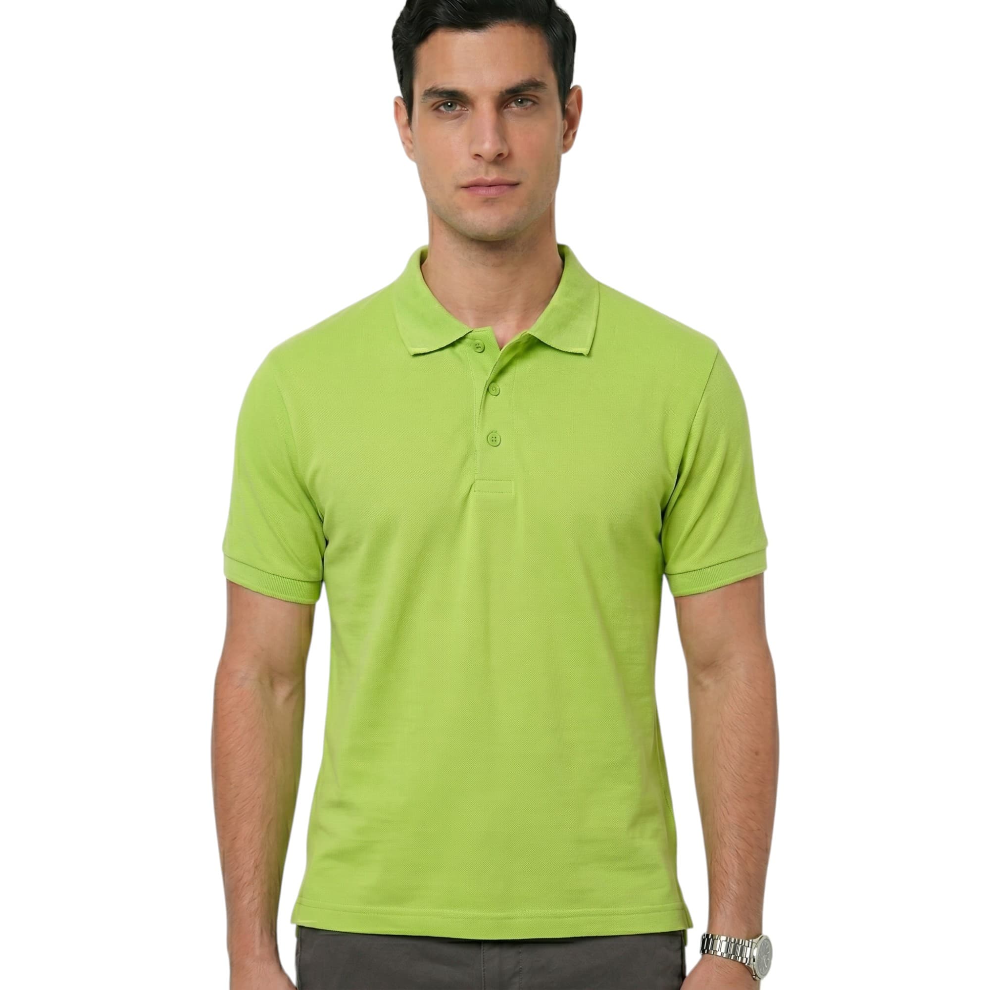 BAKARUDA lime green men's polo shirt front view with three-button placket and ribbed collar