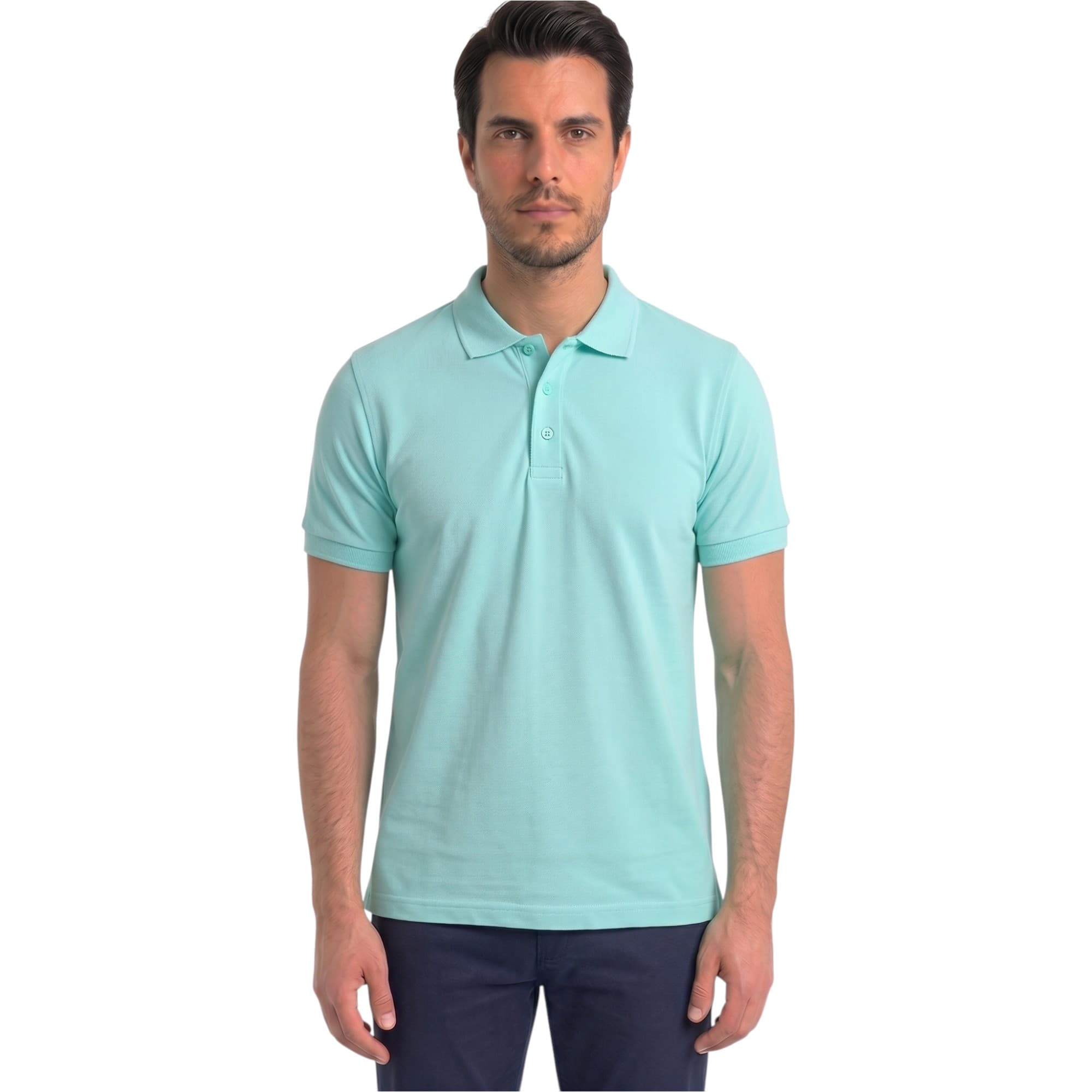 BAKARUDA men's light blue cotton polo shirt with three-button placket, front view