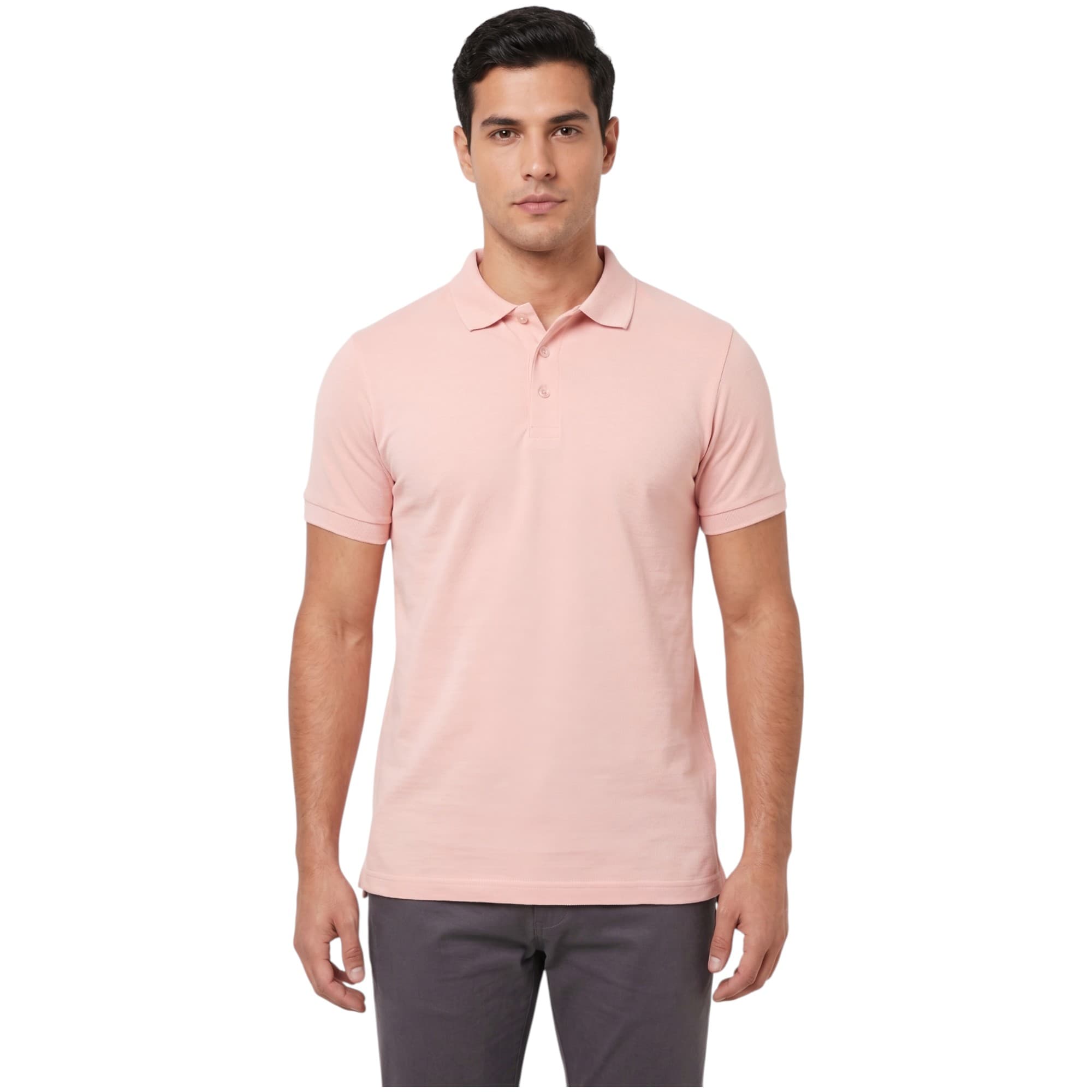 Bakaruda men's light pink polo shirt with three-button placket, front view