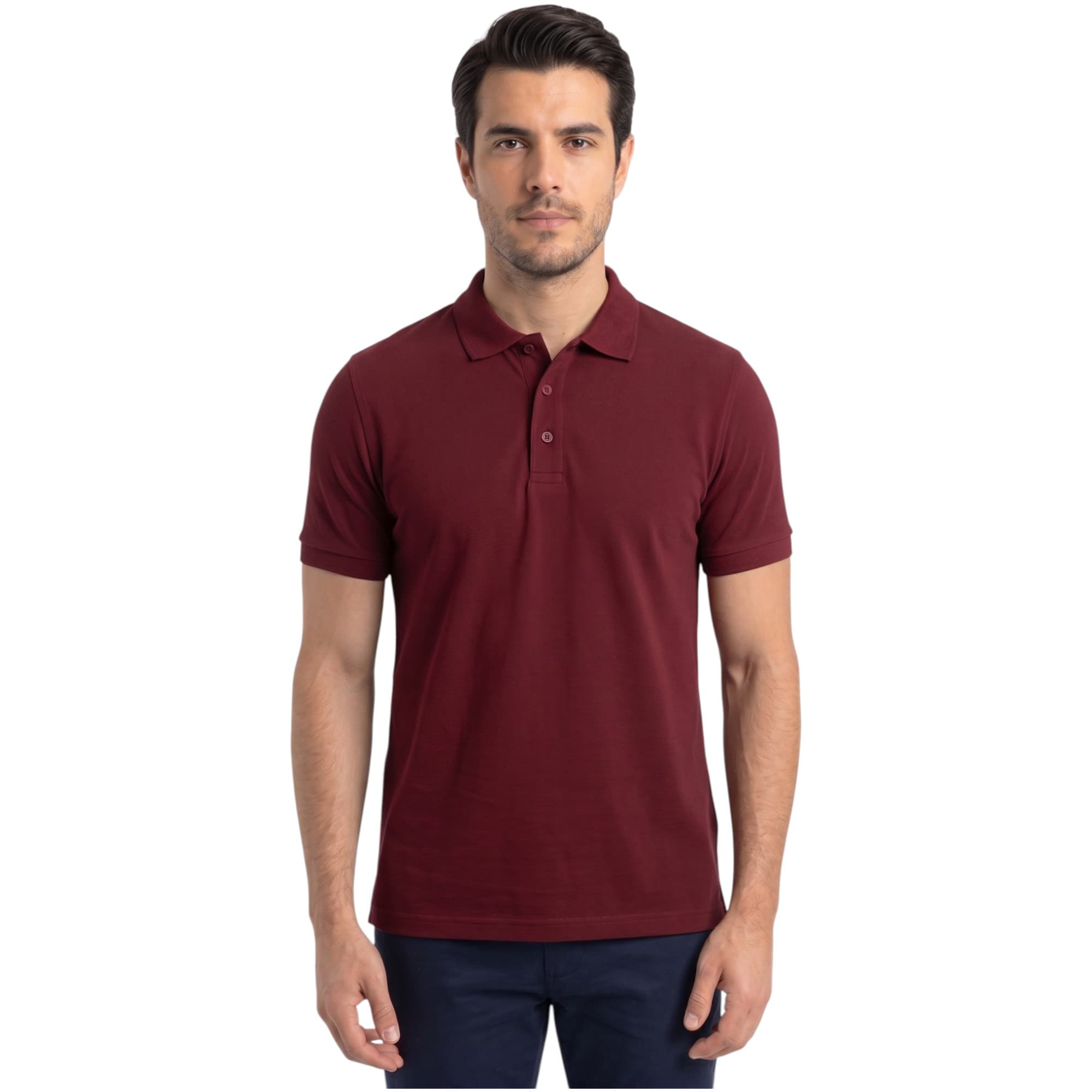 Bakaruda mens maroon short-sleeve polo shirt front view with three-button placket