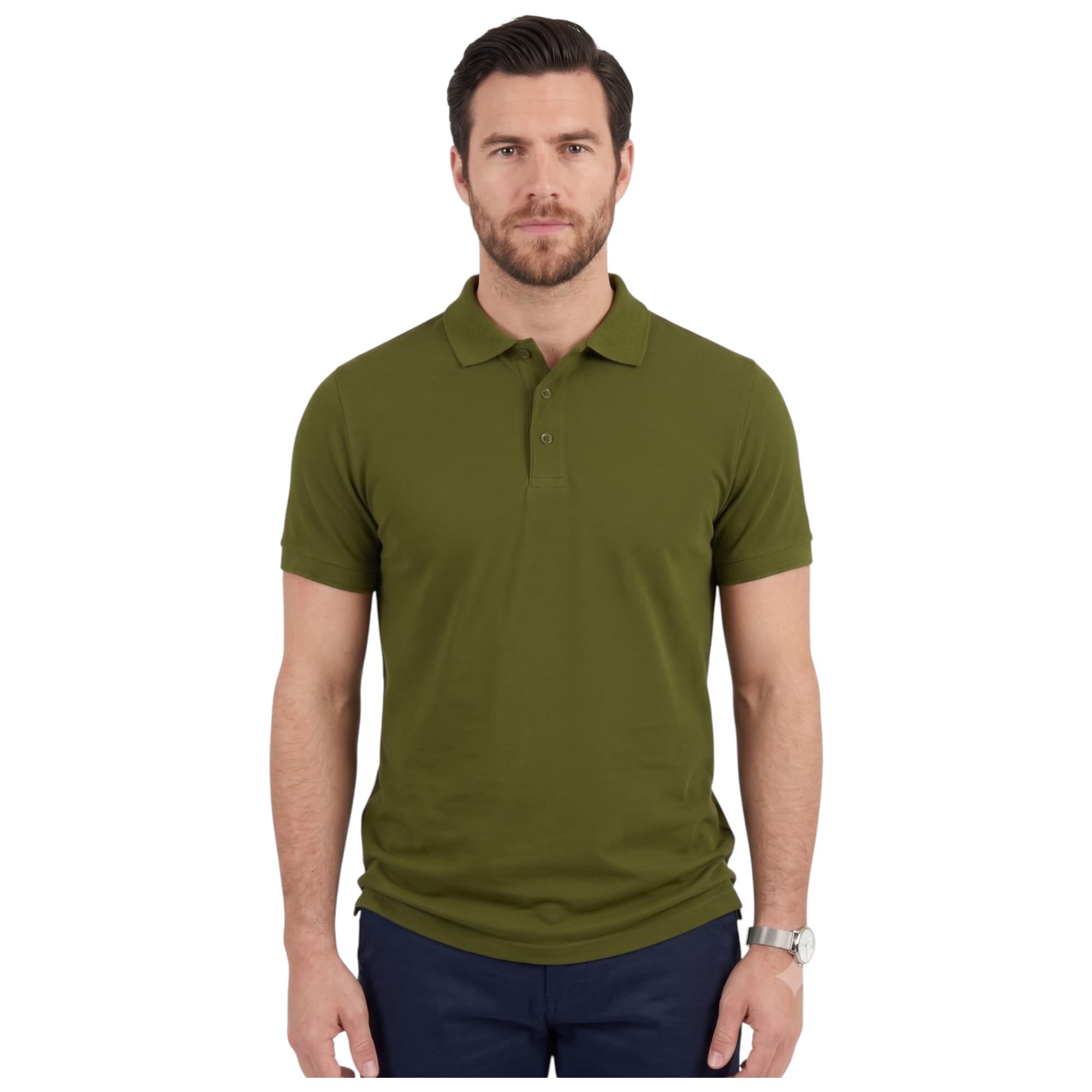 Bakaruda green men's polo shirt front view with three-button placket and ribbed collar