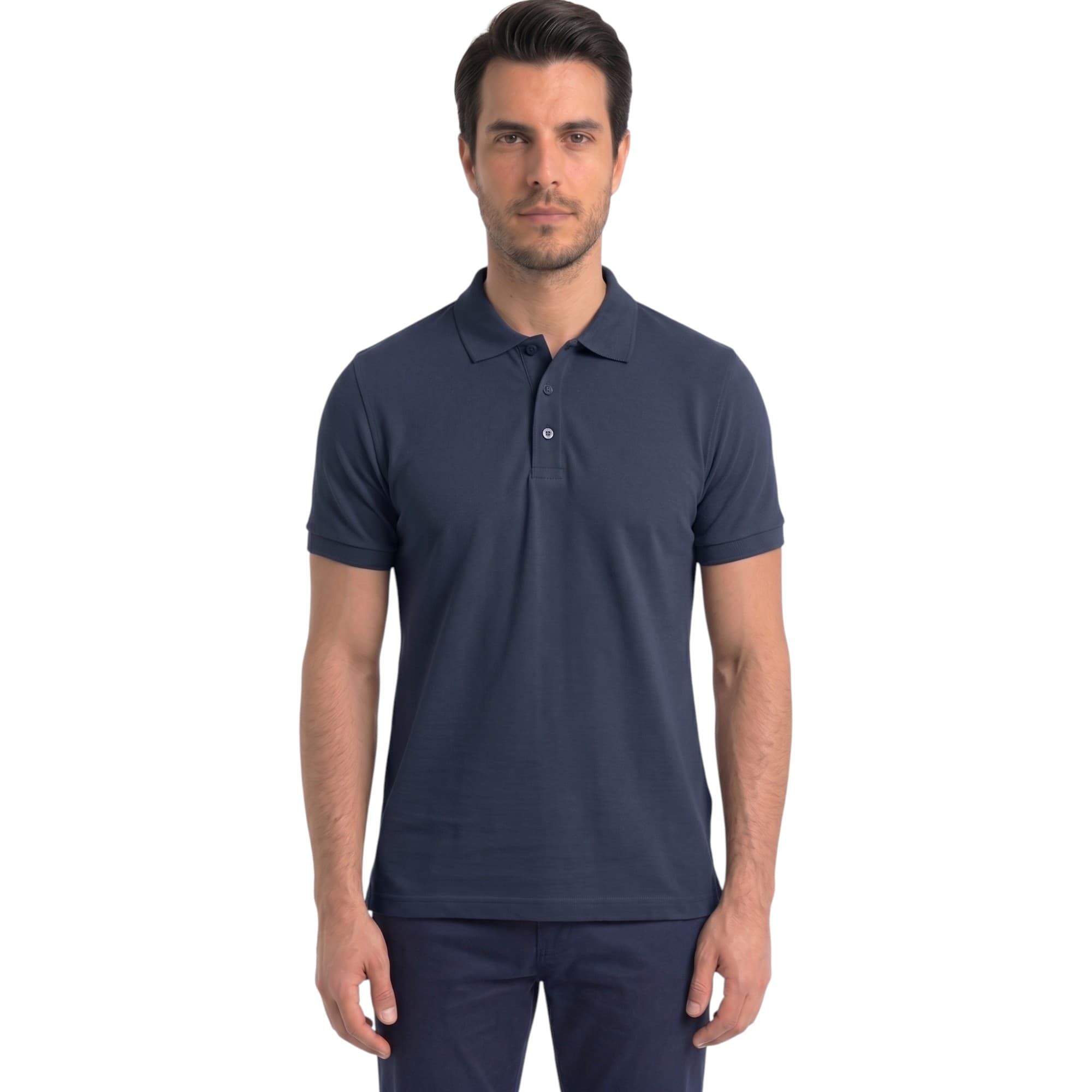 BAKARUDA navy mens short-sleeve cotton polo shirt with three-button placket, front view