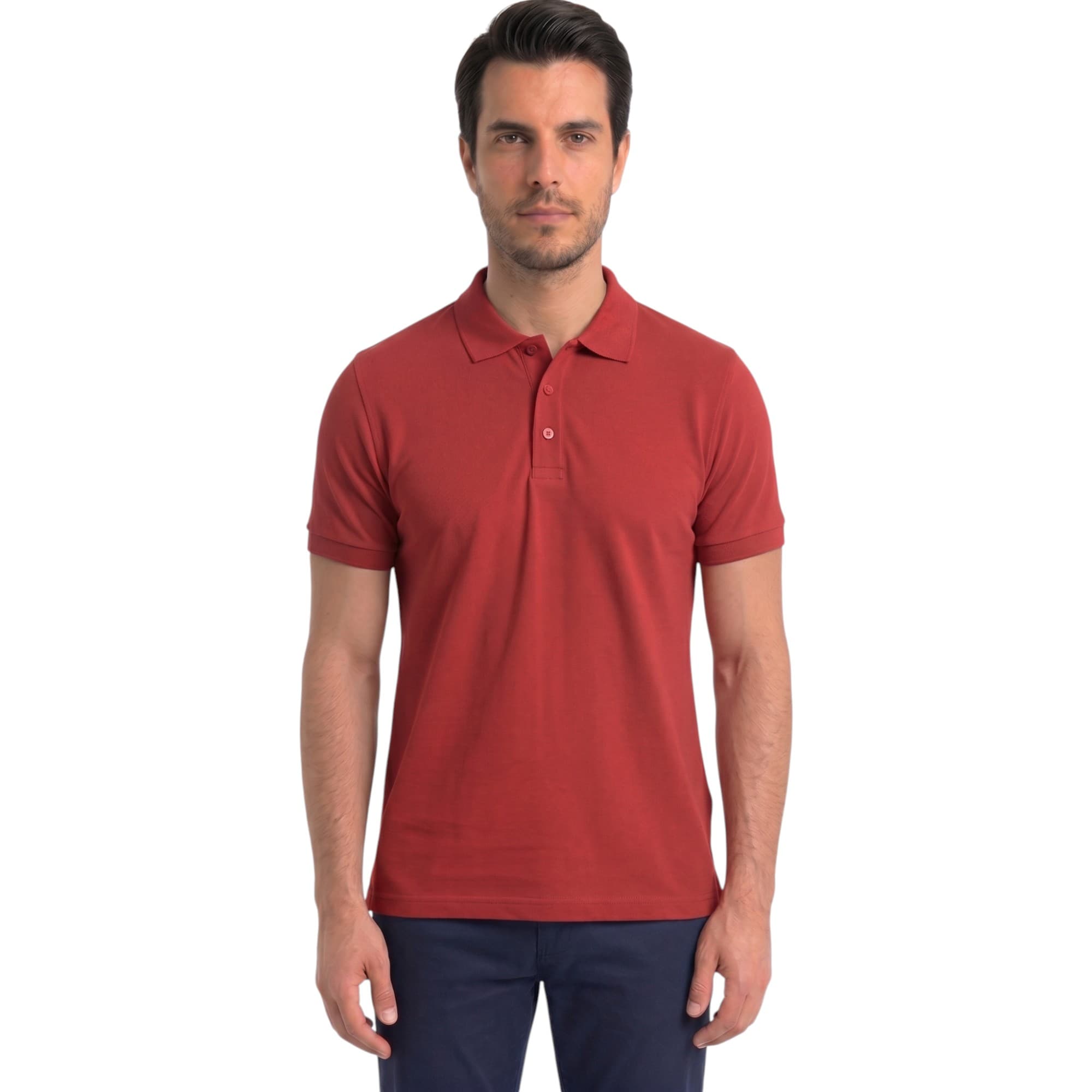 BAKARUDA men's red polo shirt front view with three-button placket and ribbed collar