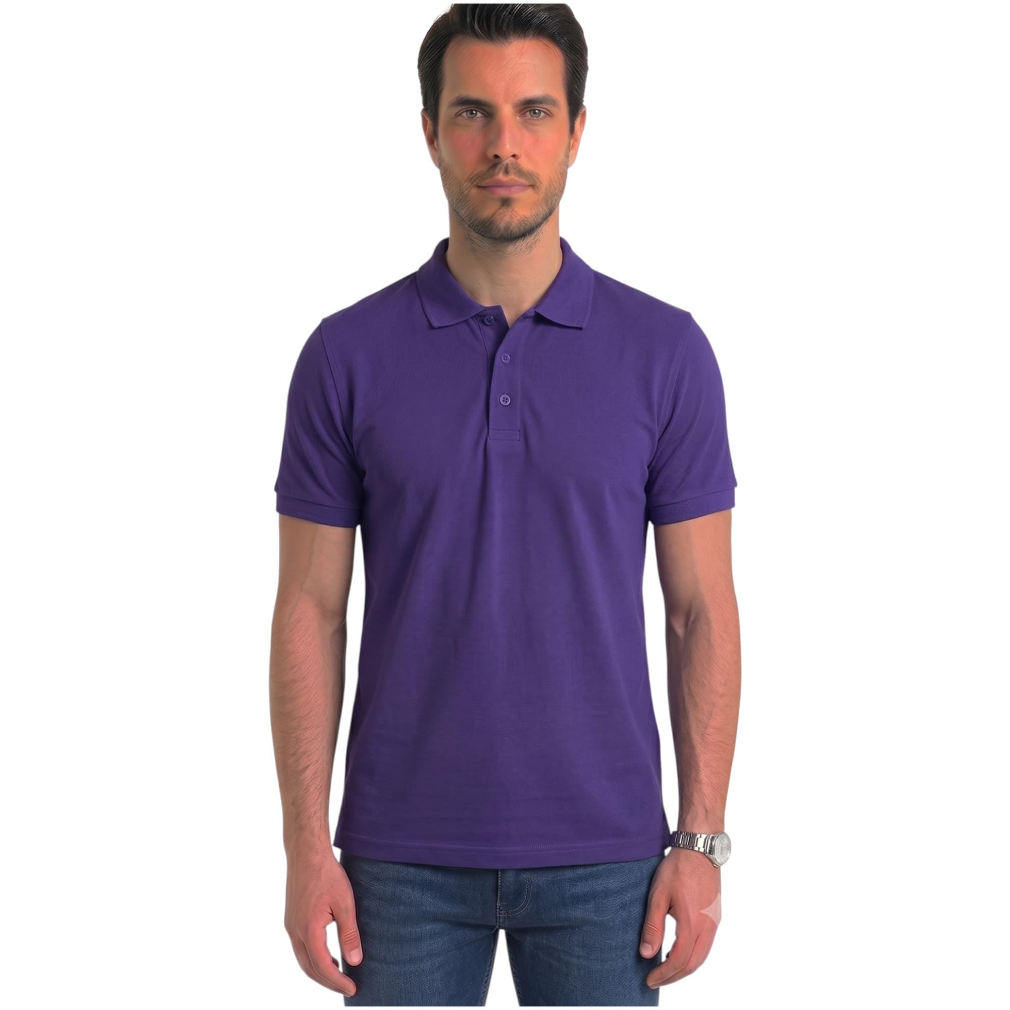 Bakaruda mens blue polo shirt front view with three-button placket and ribbed collar