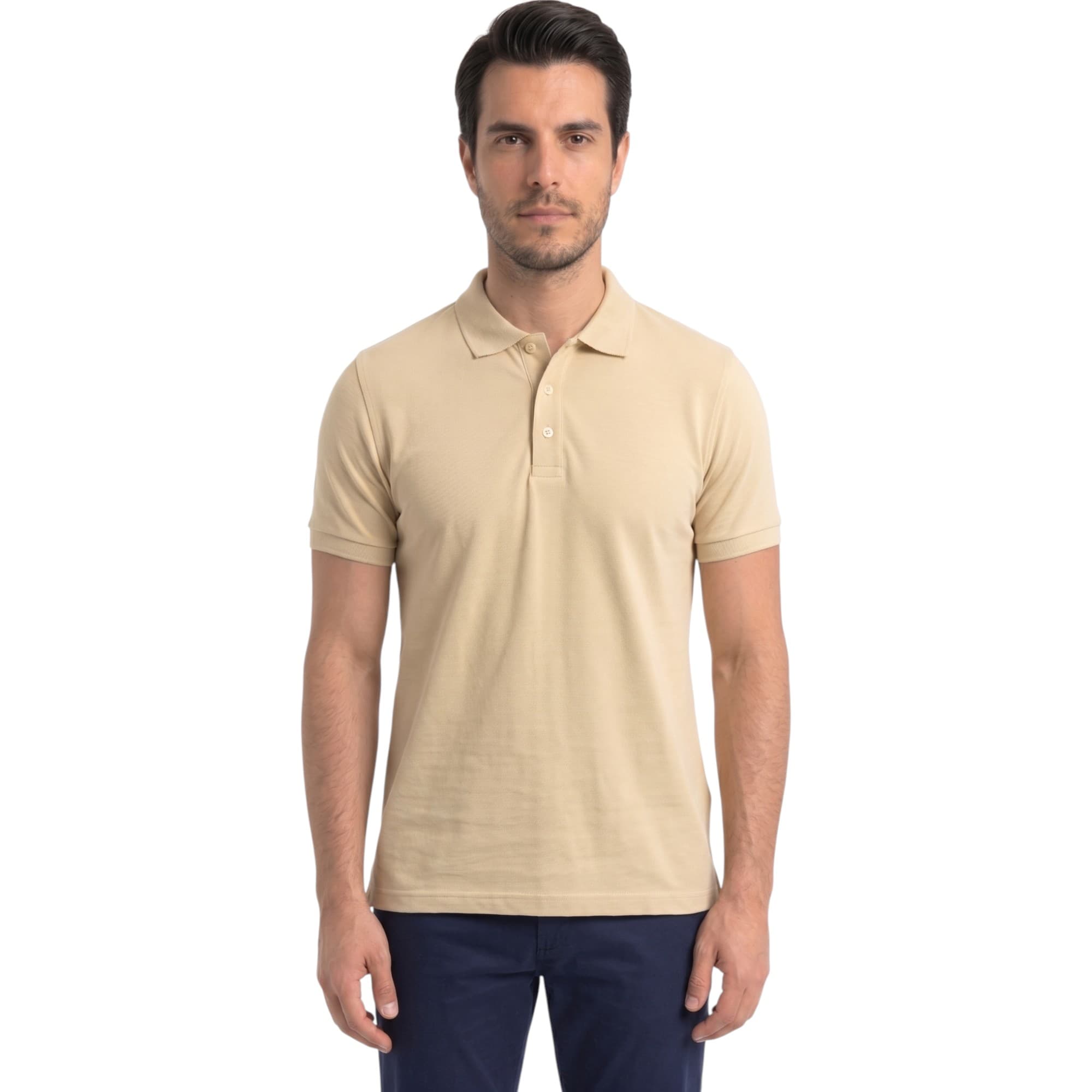 Bakaruda men's sand cotton polo shirt front view with three-button placket