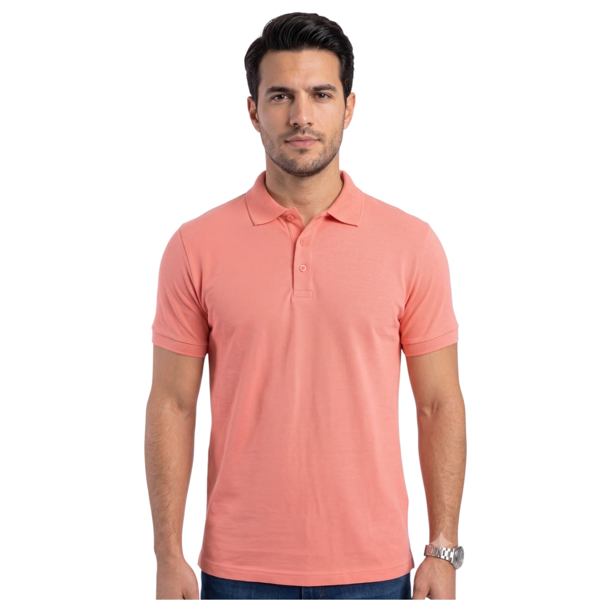 Bakaruda men's terracotta polo shirt front view with three-button placket