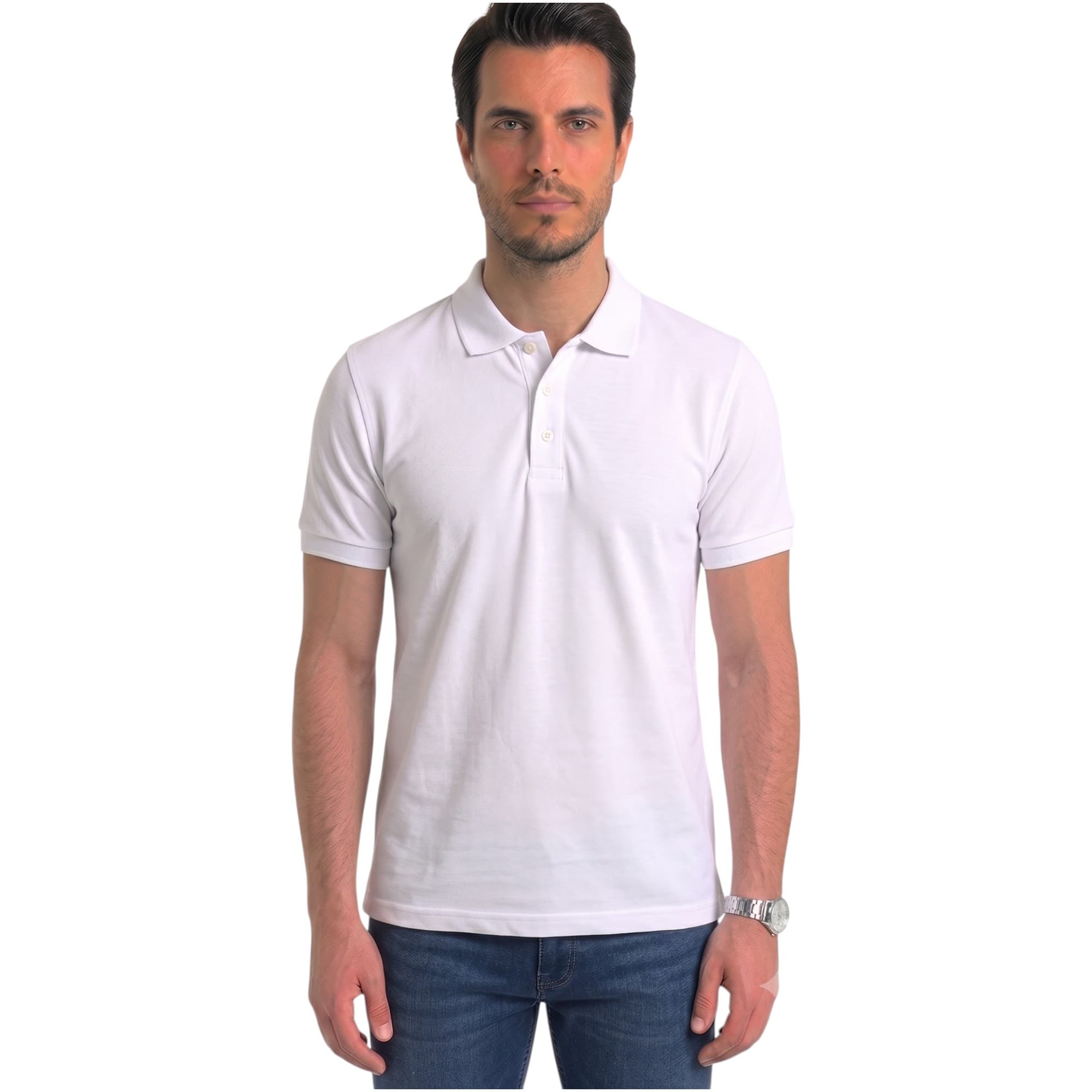 BAKARUDA mens white polo shirt front view with three-button placket and ribbed collar