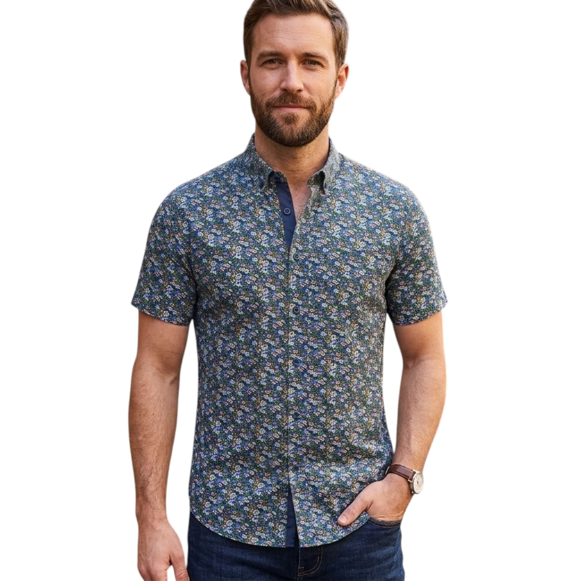 Springfield men's navy floral printed short sleeve shirt, front view