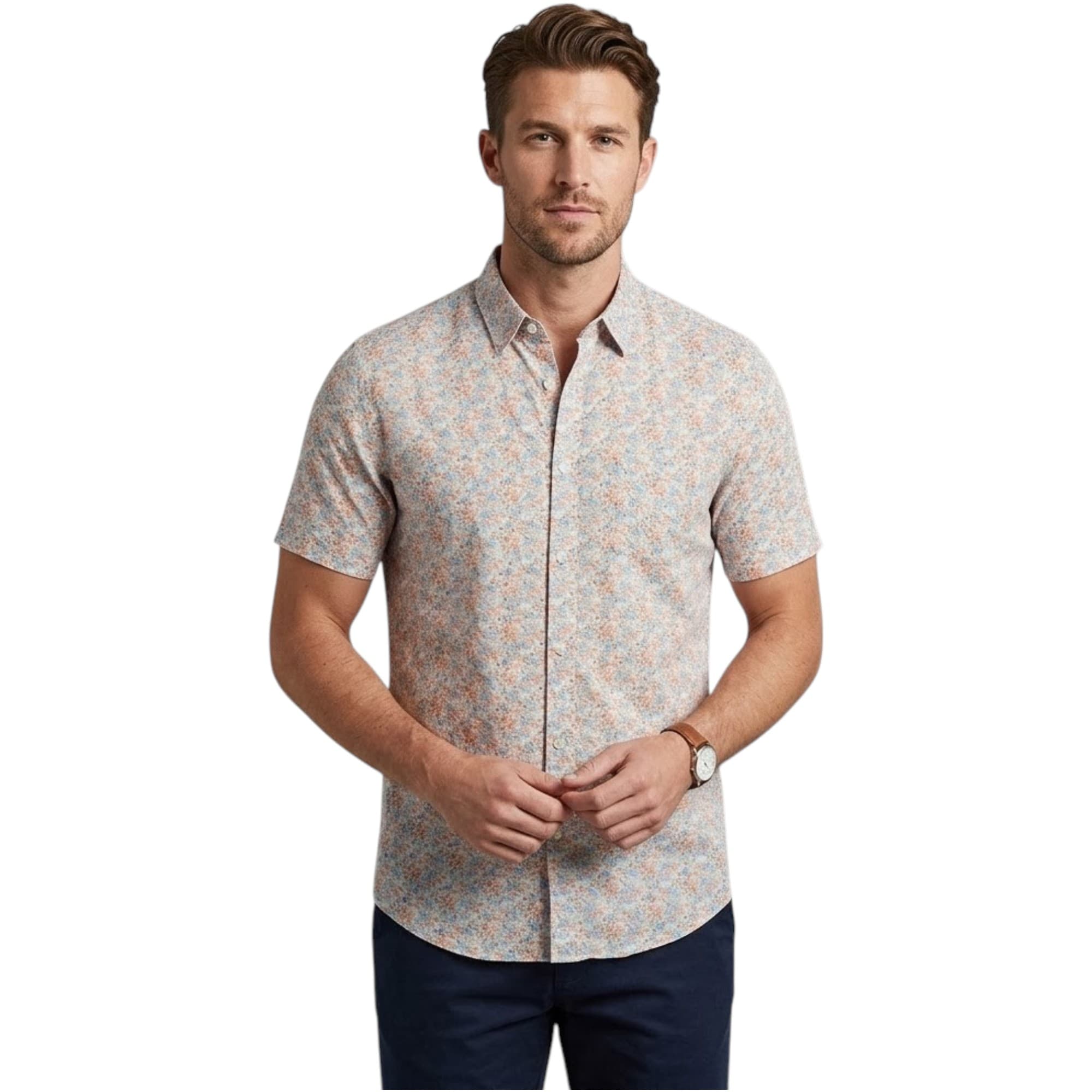 Springfield men's peach floral printed short sleeve shirt, front view