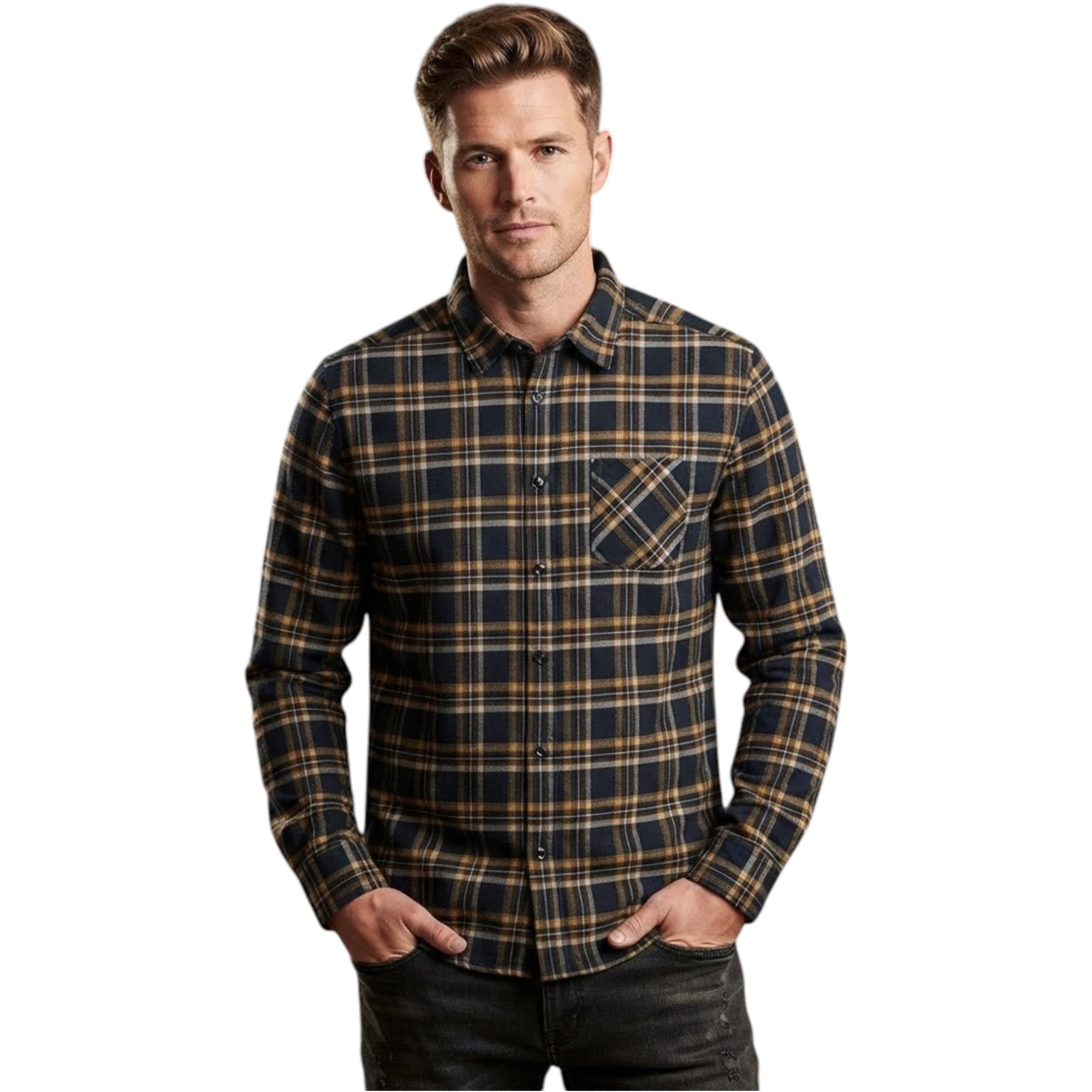 Springfield men's black and brown check shirt, front view, regular fit long sleeves