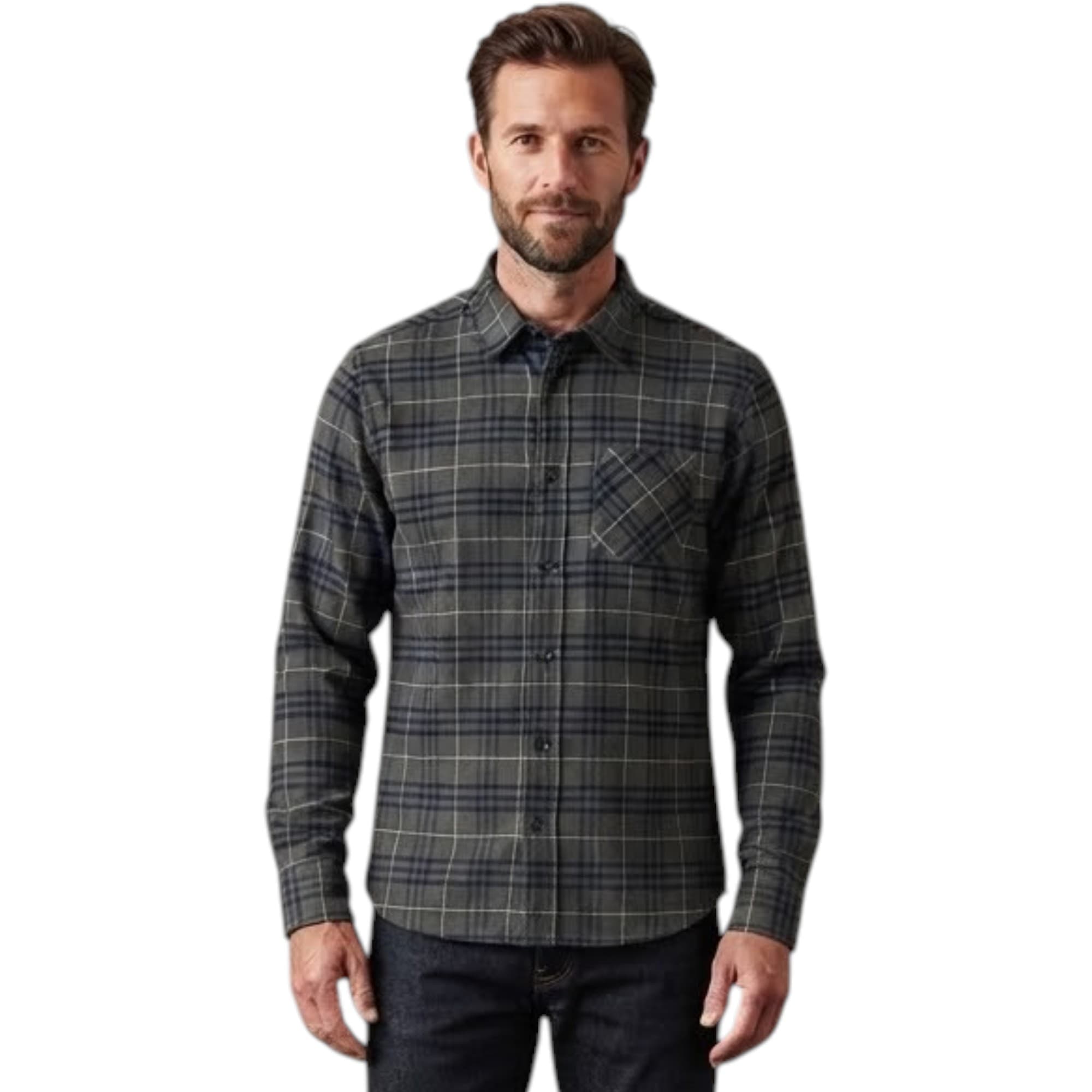 Springfield men's charcoal big check shirt, front view, button fastening