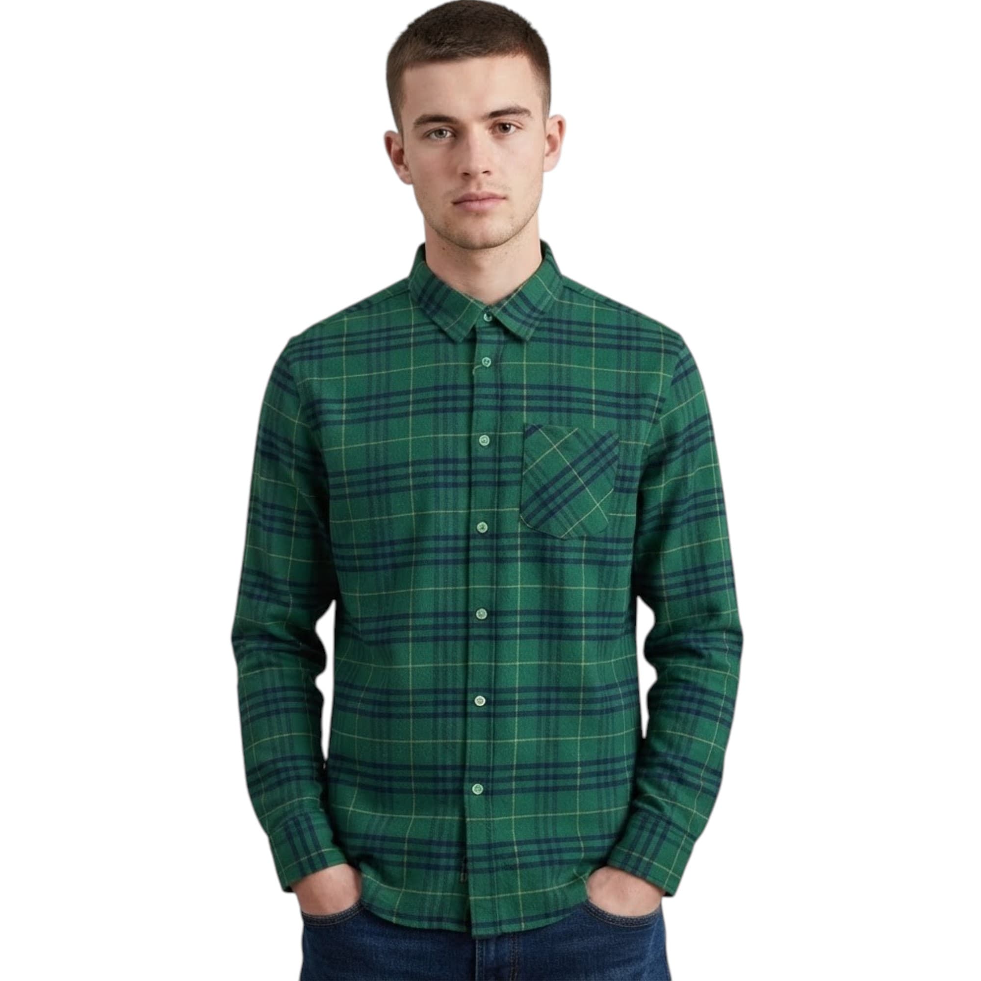 Springfield men's green checks shirt front view, regular fit long sleeves