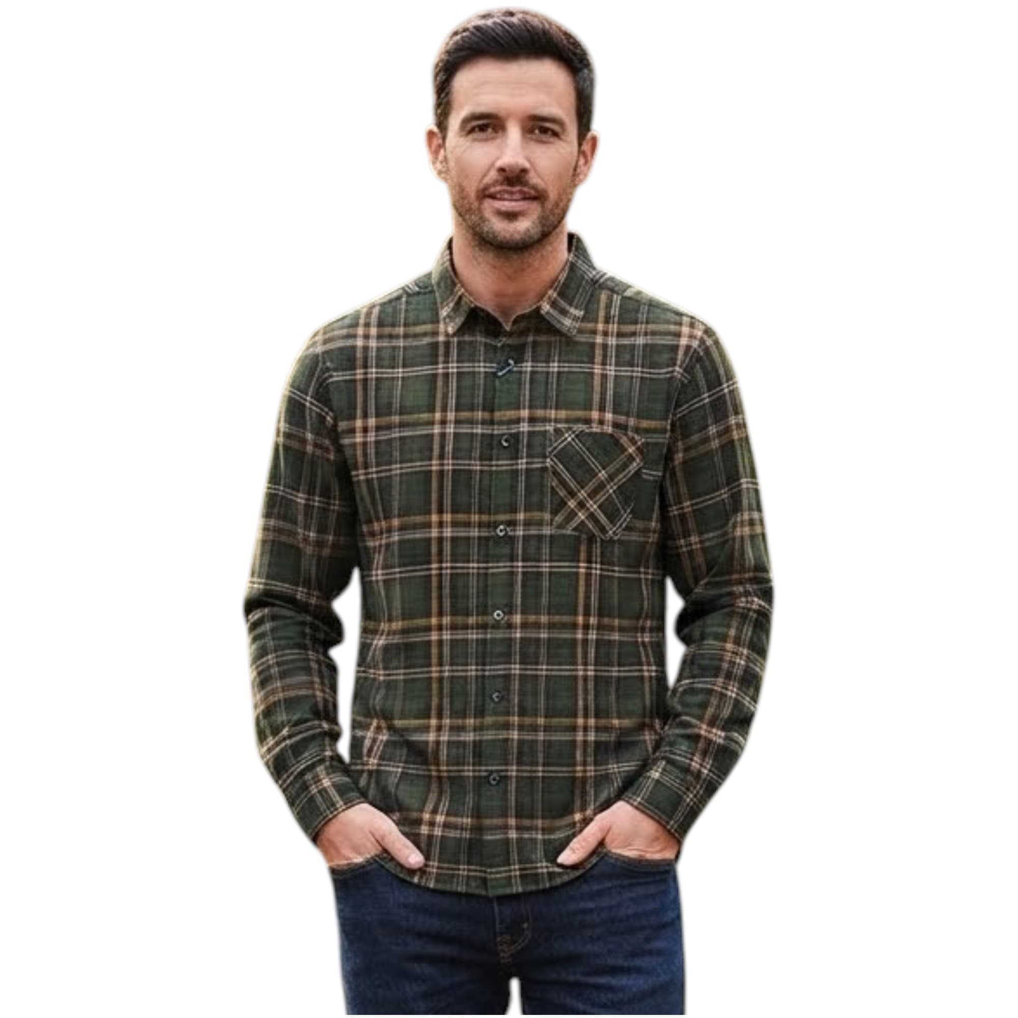 Springfield men's check shirt in military green and brown, front view