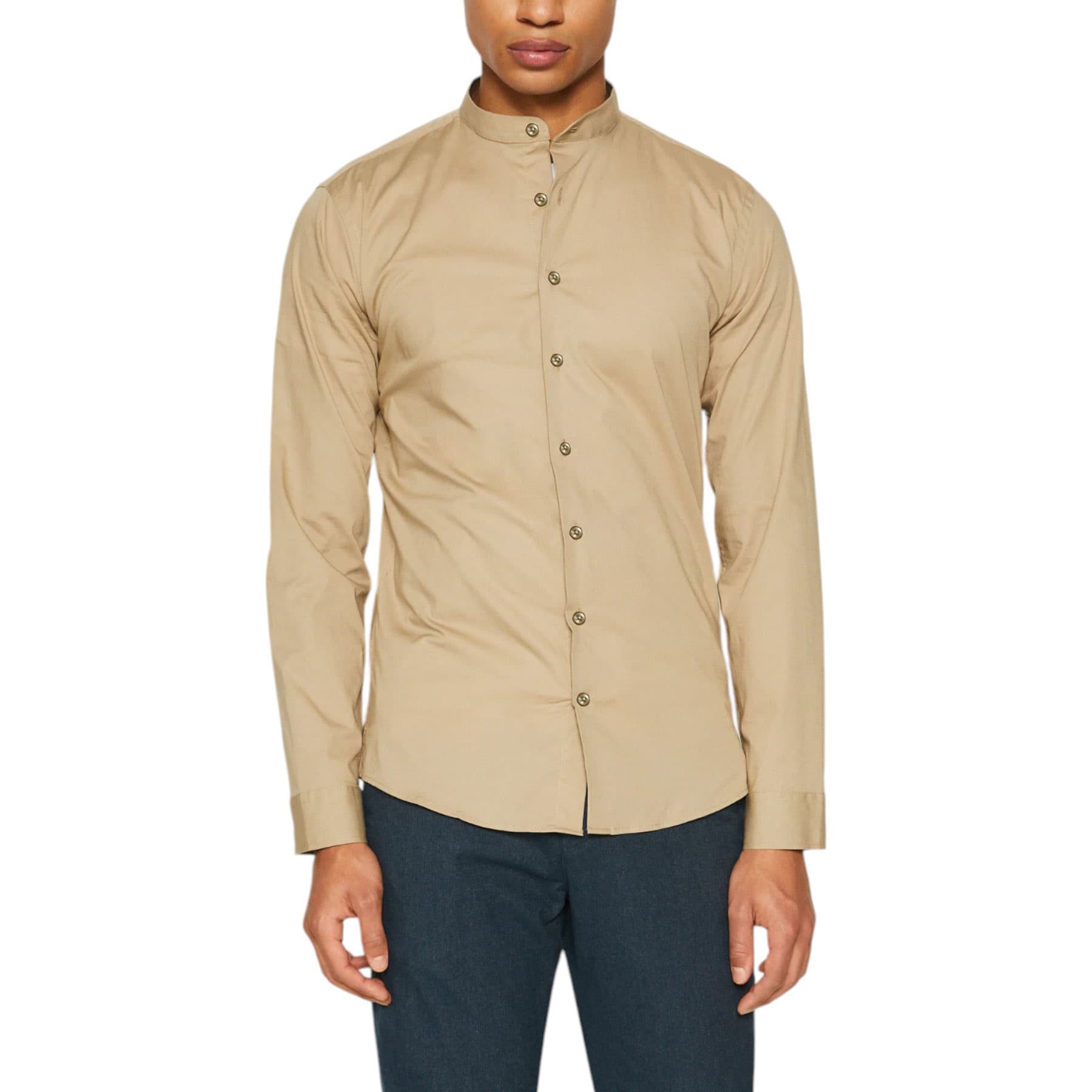 FAIRDIM beige men's shirt front view, slim fit with band collar and long sleeves