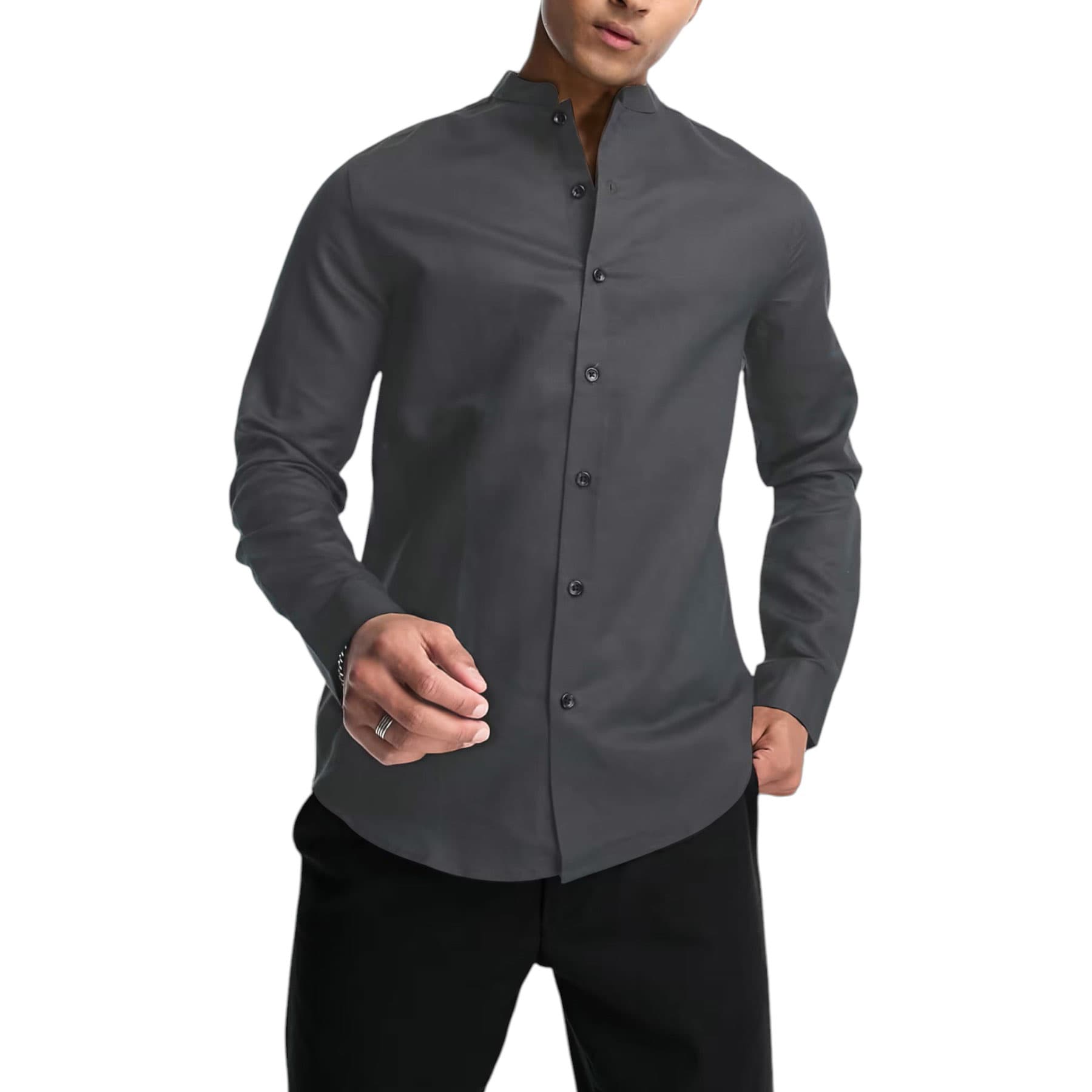 FAIRDIM men's black slim fit shirt with band collar, front view