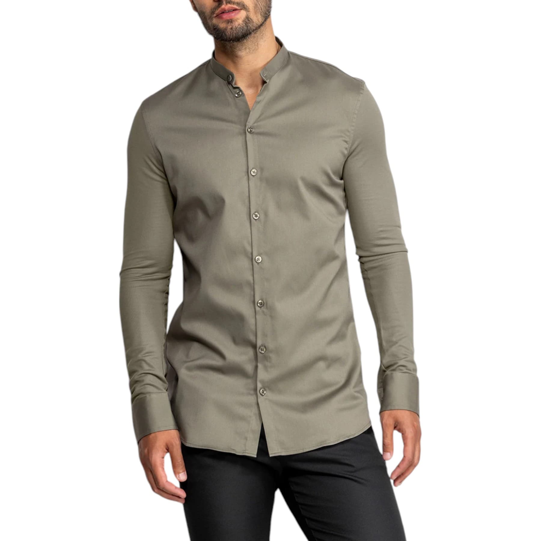 FAIRDIM men's light olive band collar shirt front view, slim fit long sleeves