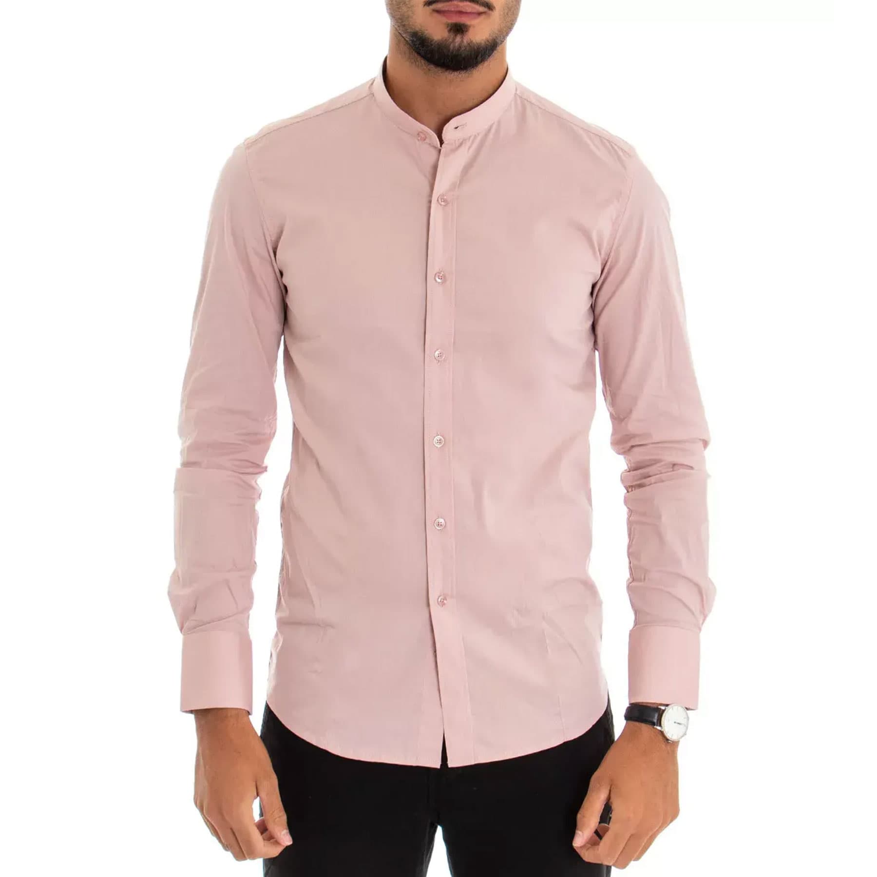 FAIRDIM light pink men's shirt front view with band collar and long sleeves