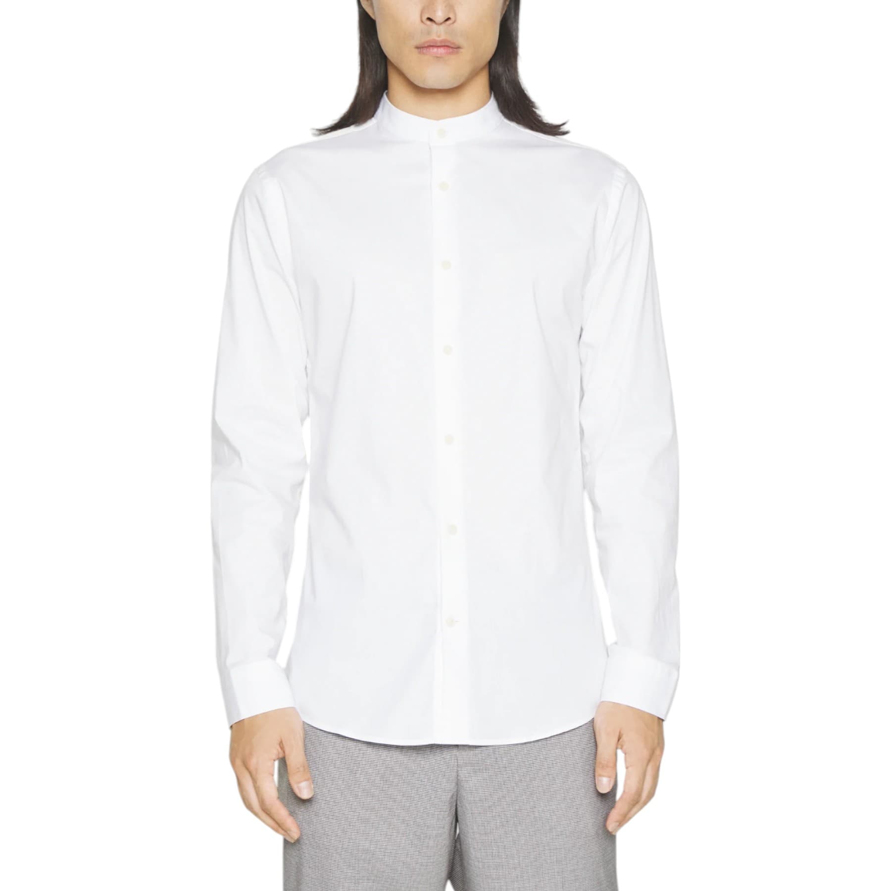 FAIRDIM men's white shirt front view with band collar and long sleeves