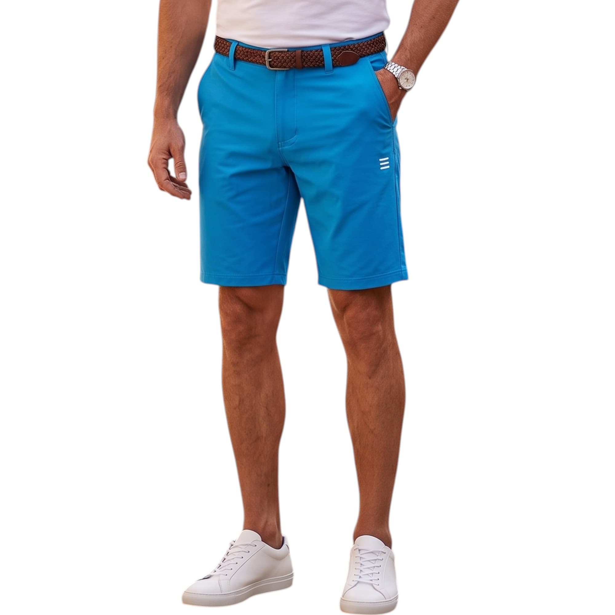 Euroclips men's blue hybrid walk shorts front view with reflective logo