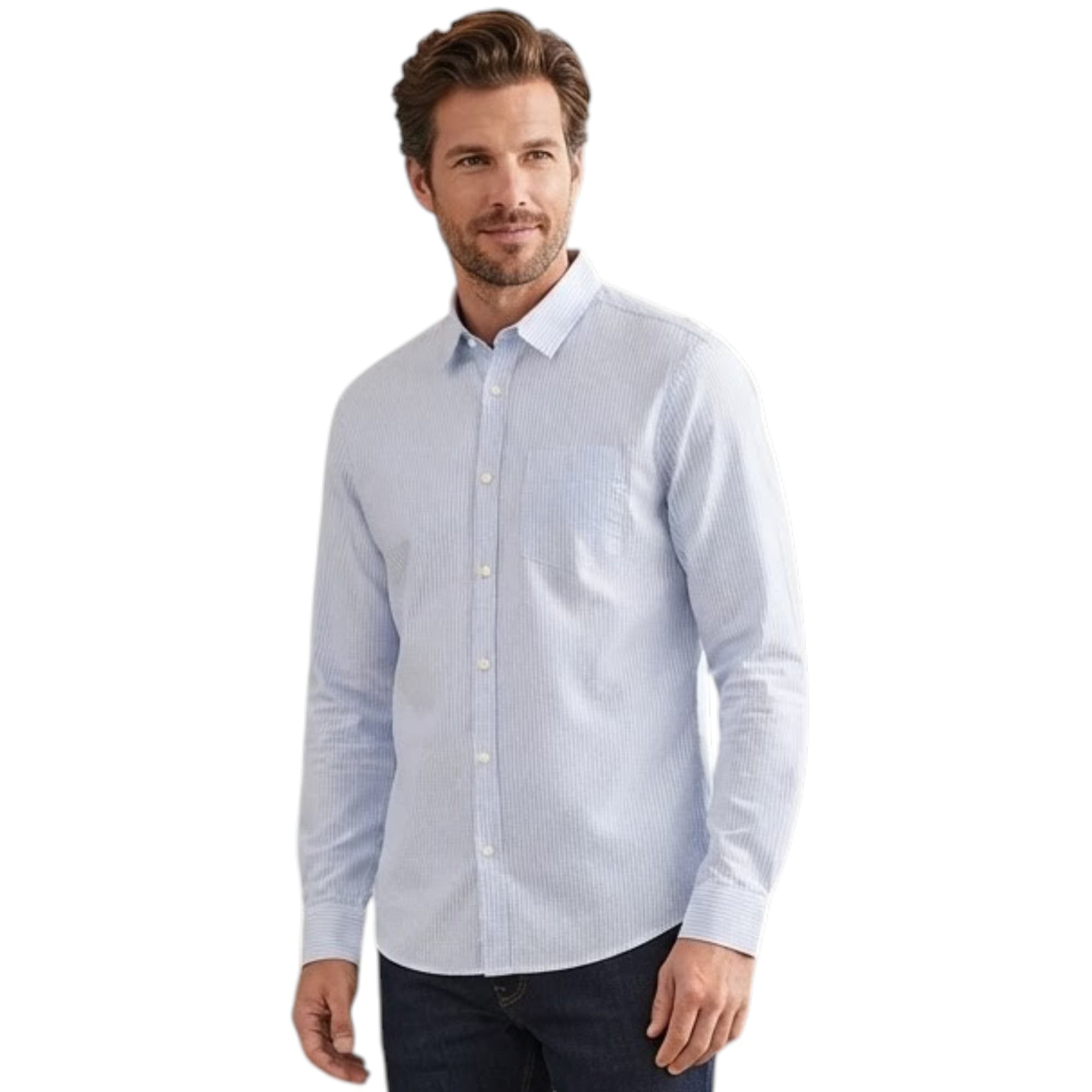Springfield men's regular fit blue and white stripe shirt, front view