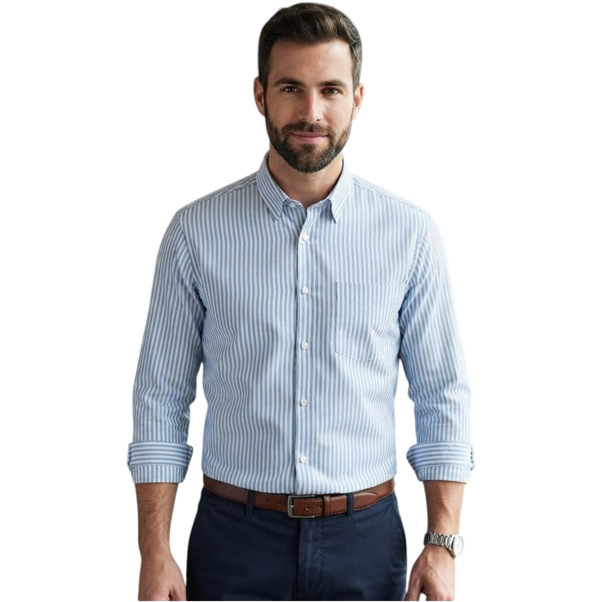 Springfield men's navy, blue and white stripe regular fit shirt, front view