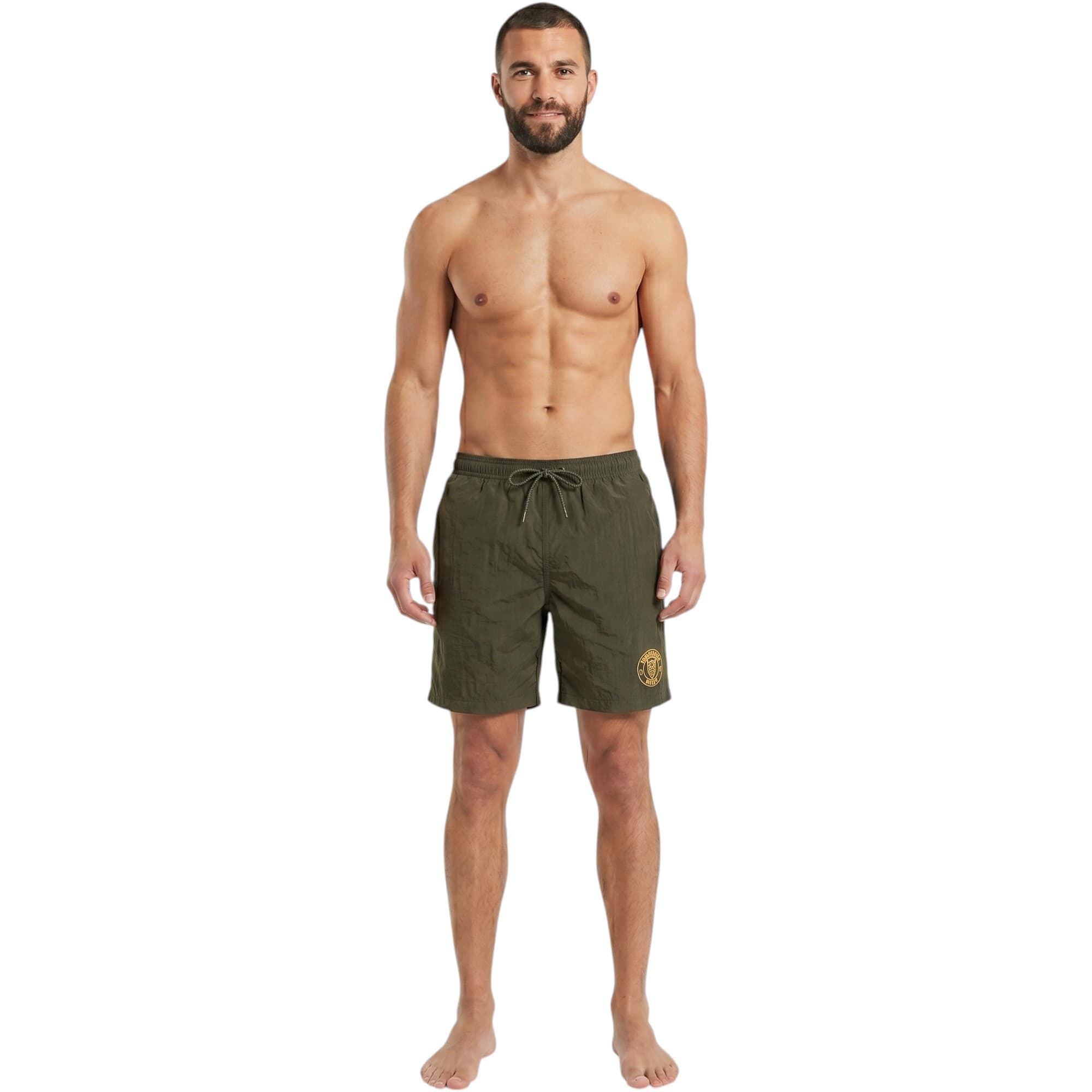 Tissaia men's olive swimming board shorts front view with elasticated waistband