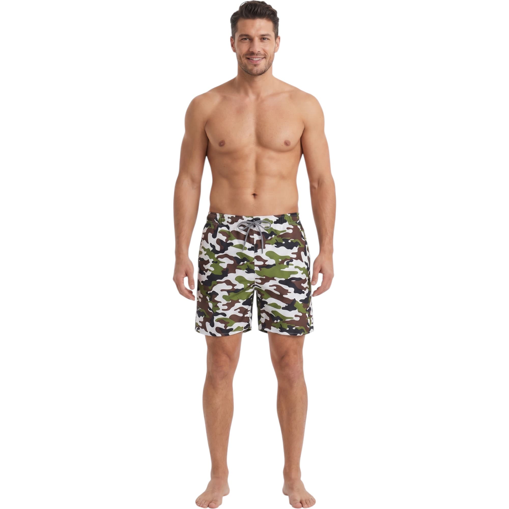 Bottom Up men's camo print swimming board shorts front view