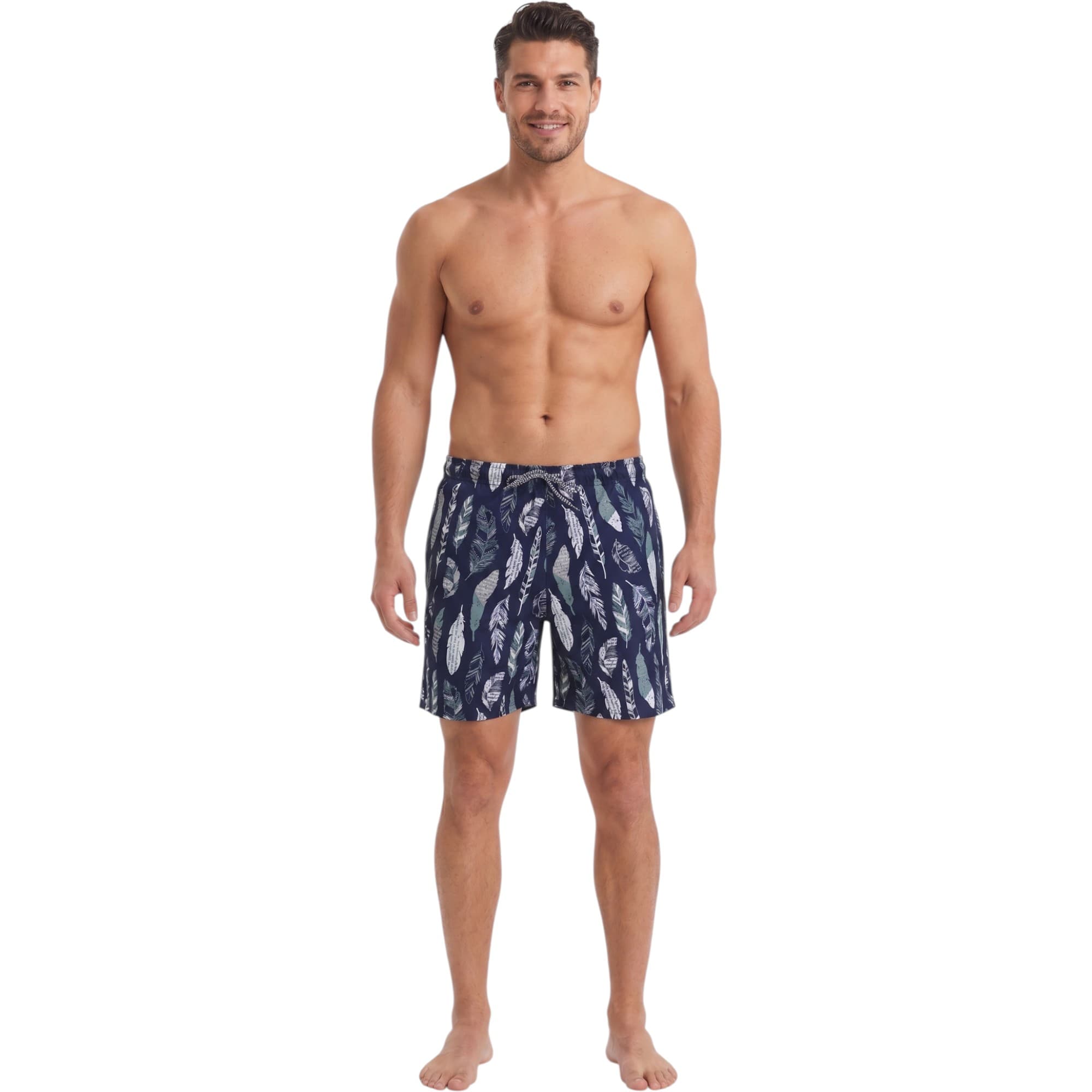 Bottom Up feather print men's swimming board shorts front view