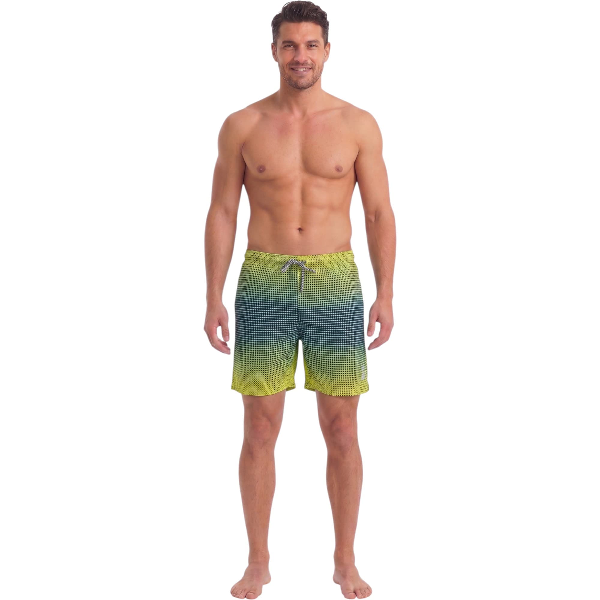 Bottom Up men's lime dotted swimming board shorts front view