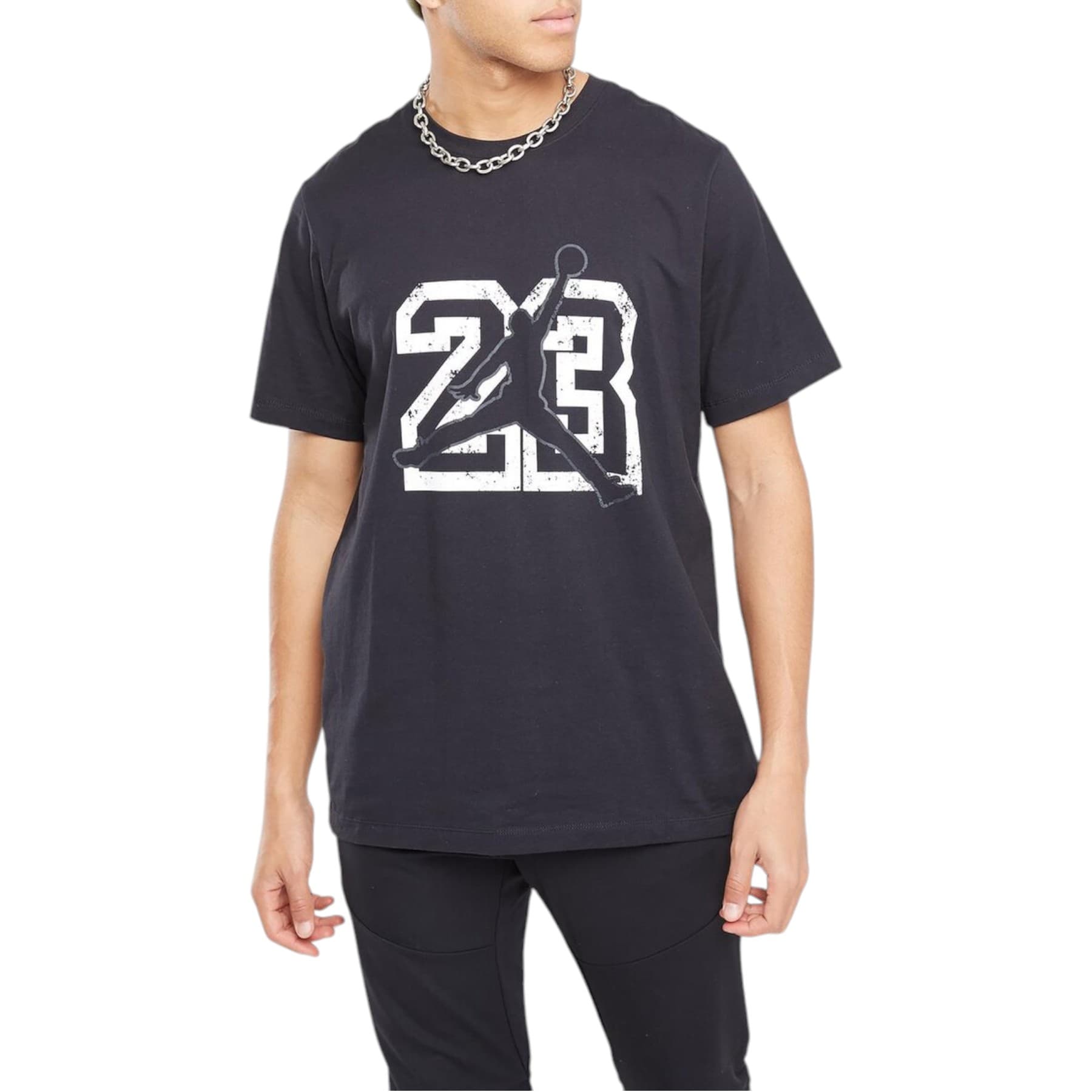Nike Air Jordan men's black cotton t-shirt front view with branded logo print