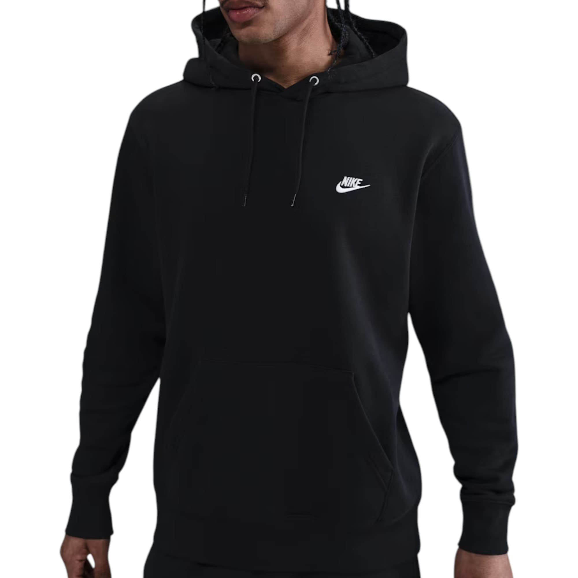 Nike Club Men's black hoodie with embroidered Futura logo, front view