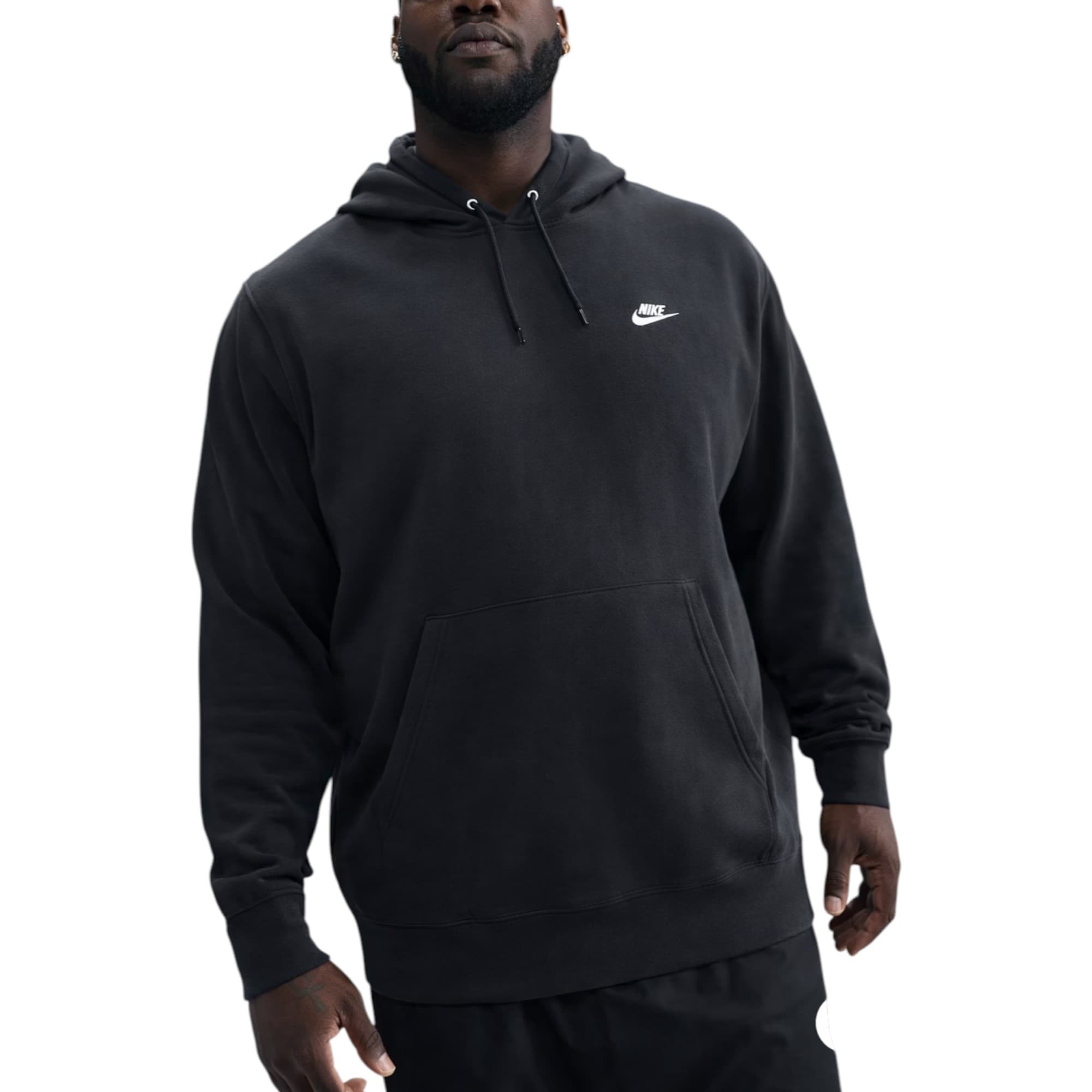 Nike Club men's charcoal pullover fleece hoodie with embroidered logo, front view