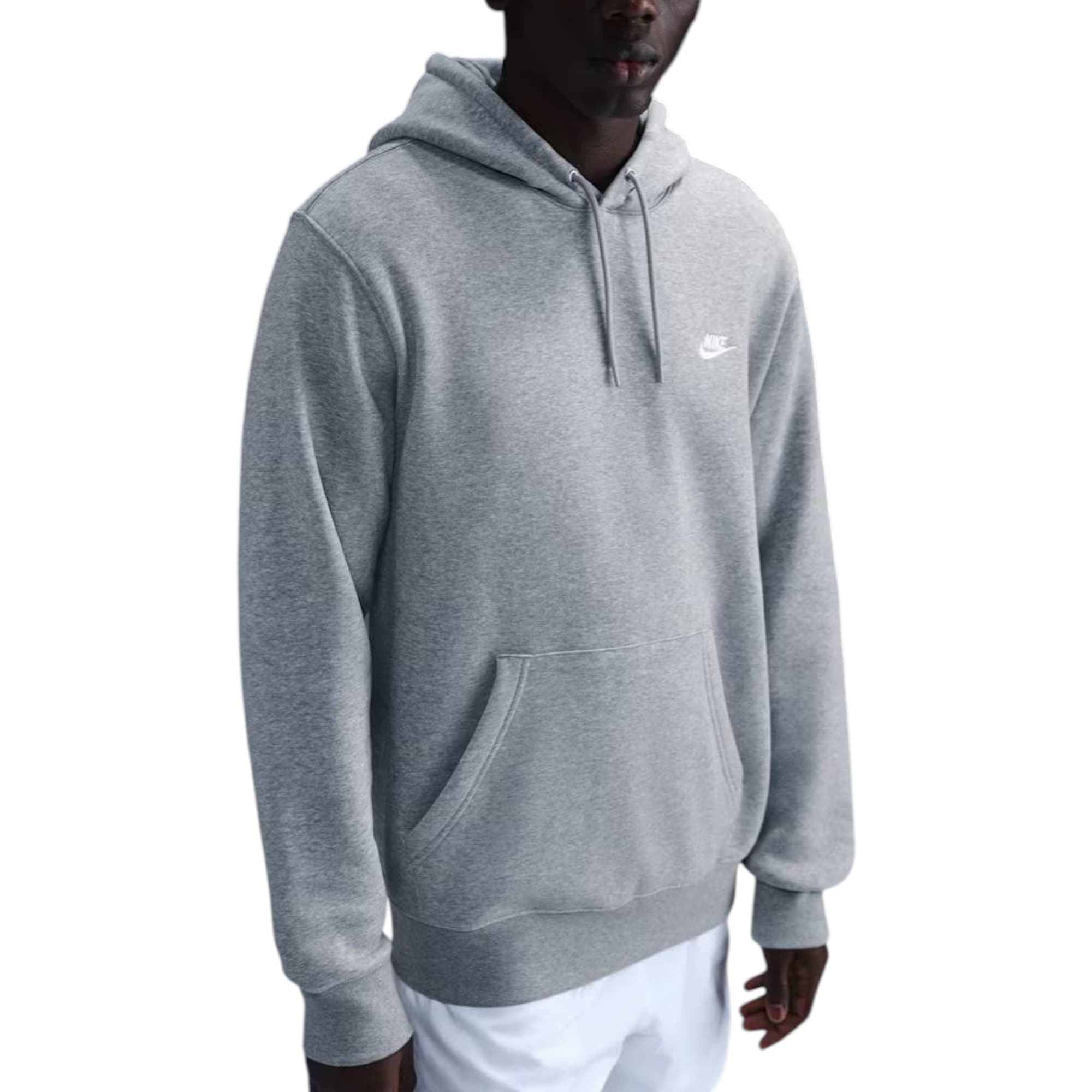 Nike Club men's grey pullover hoodie with embroidered Futura logo, front view