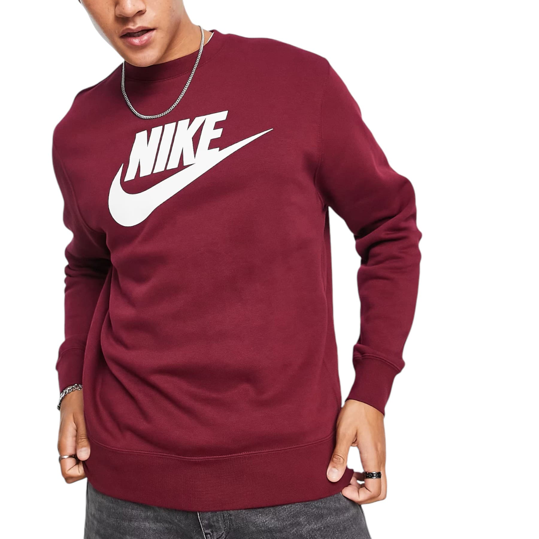 Nike maroon men's pullover sweatshirt with bold Futura logo front view