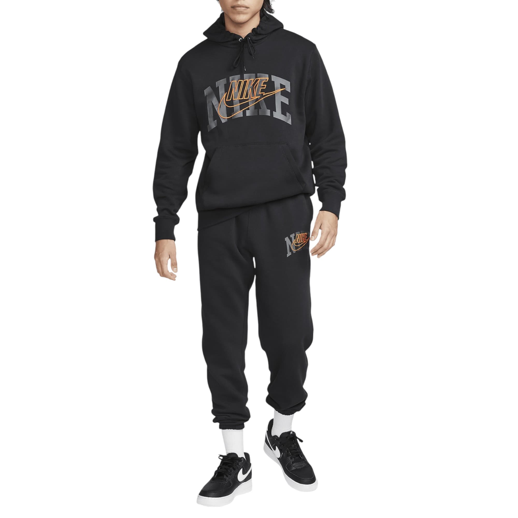 Nike mens tracksuit front view with hood and kangaroo pocket