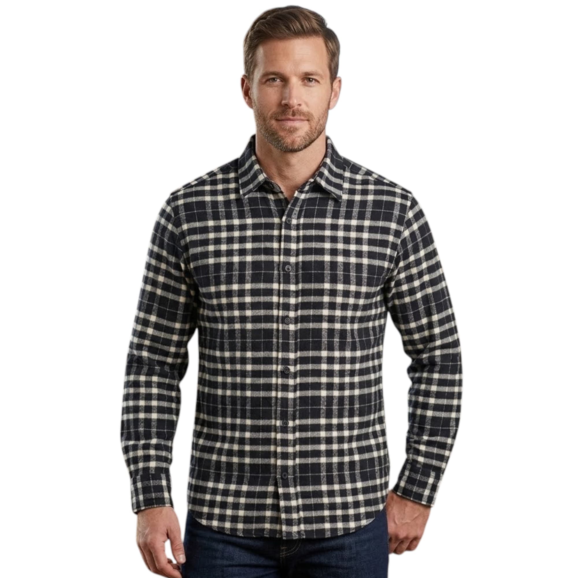 PULL & BEAR men's black and white check long sleeve shirt front view
