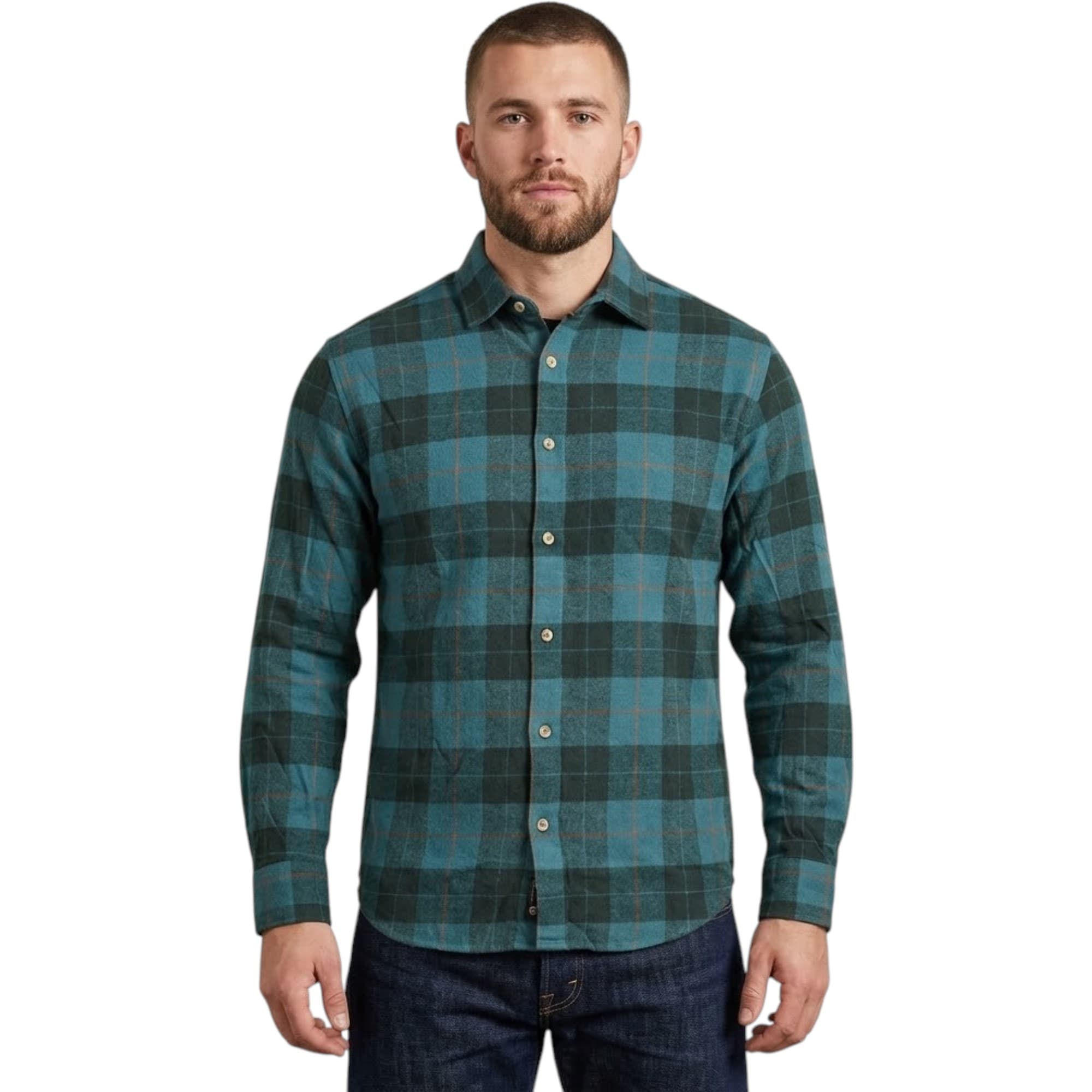 PULL & BEAR men's long sleeve check shirt in brook green and black, front view