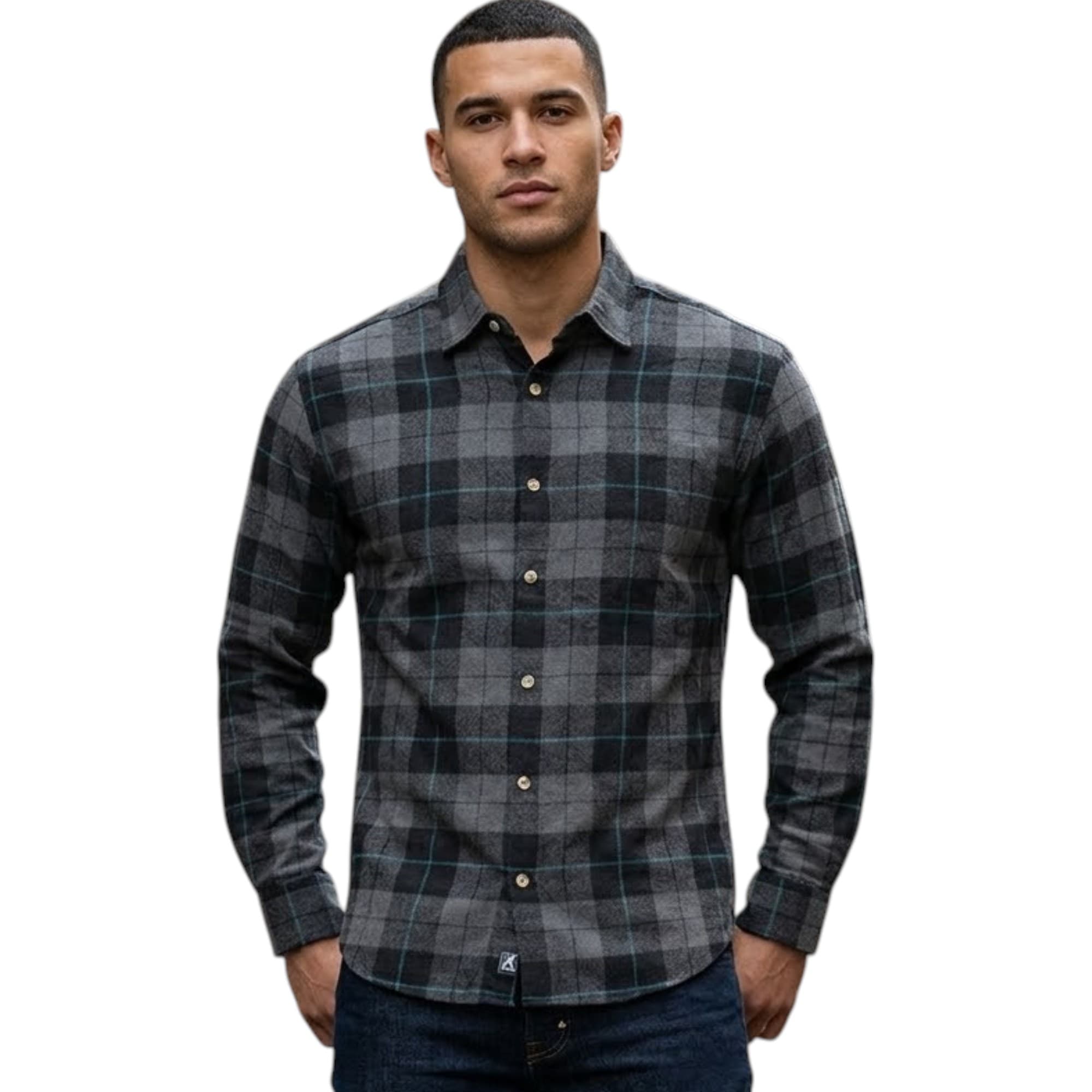 PULL & BEAR men's charcoal black cotton check shirt, front view