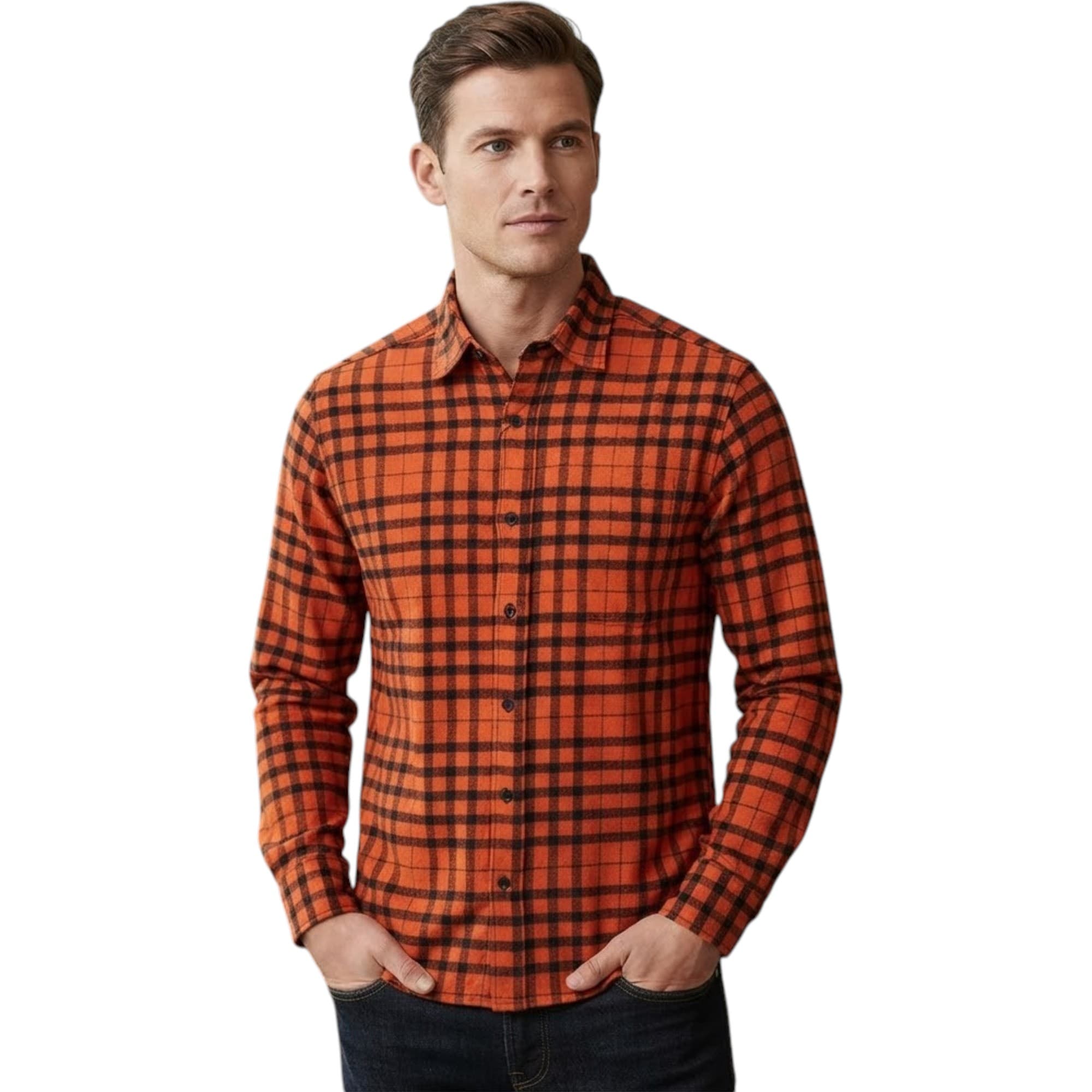 PULL & BEAR men's orange check long sleeve shirt front view