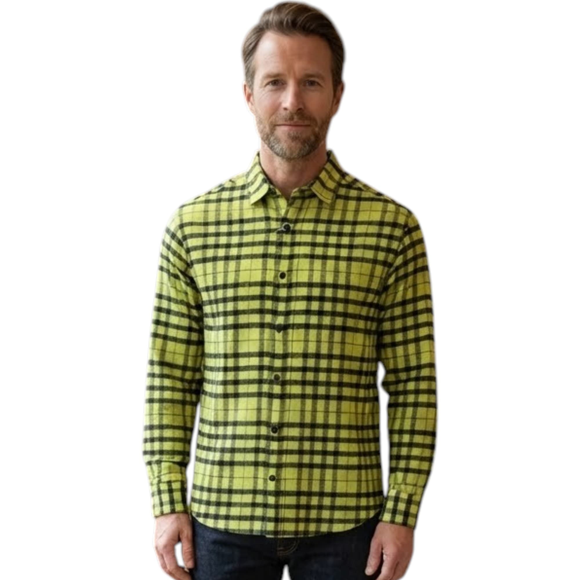 PULL & BEAR men's lime green check shirt front view, relaxed fit long sleeves