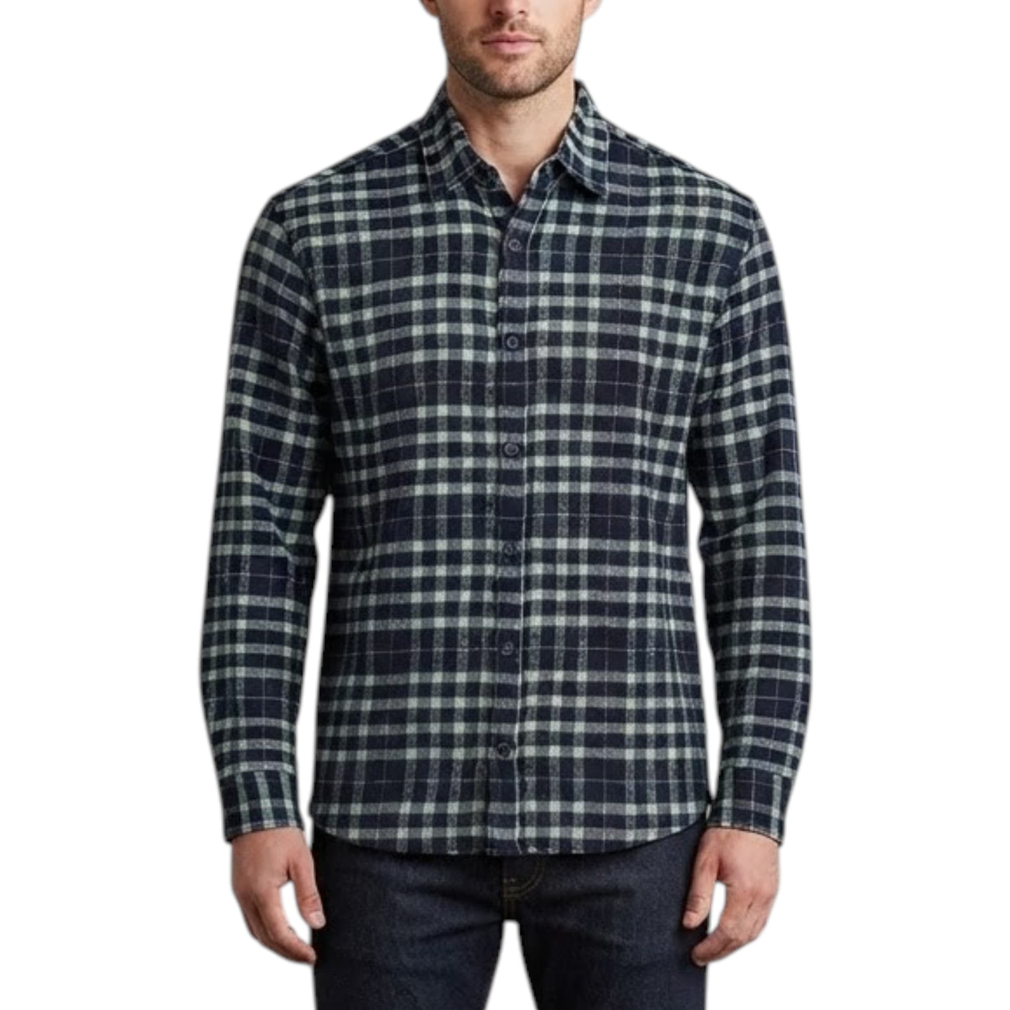 PULL & BEAR men's long sleeve check shirt in pastel and black, front view