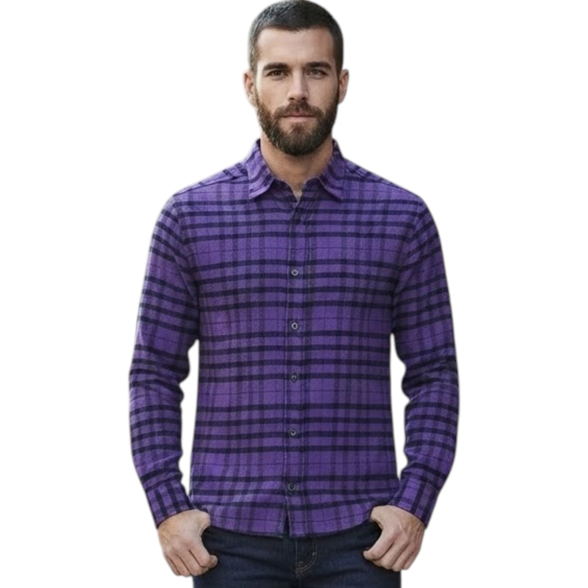 PULL & BEAR men's purple check shirt front view, relaxed fit