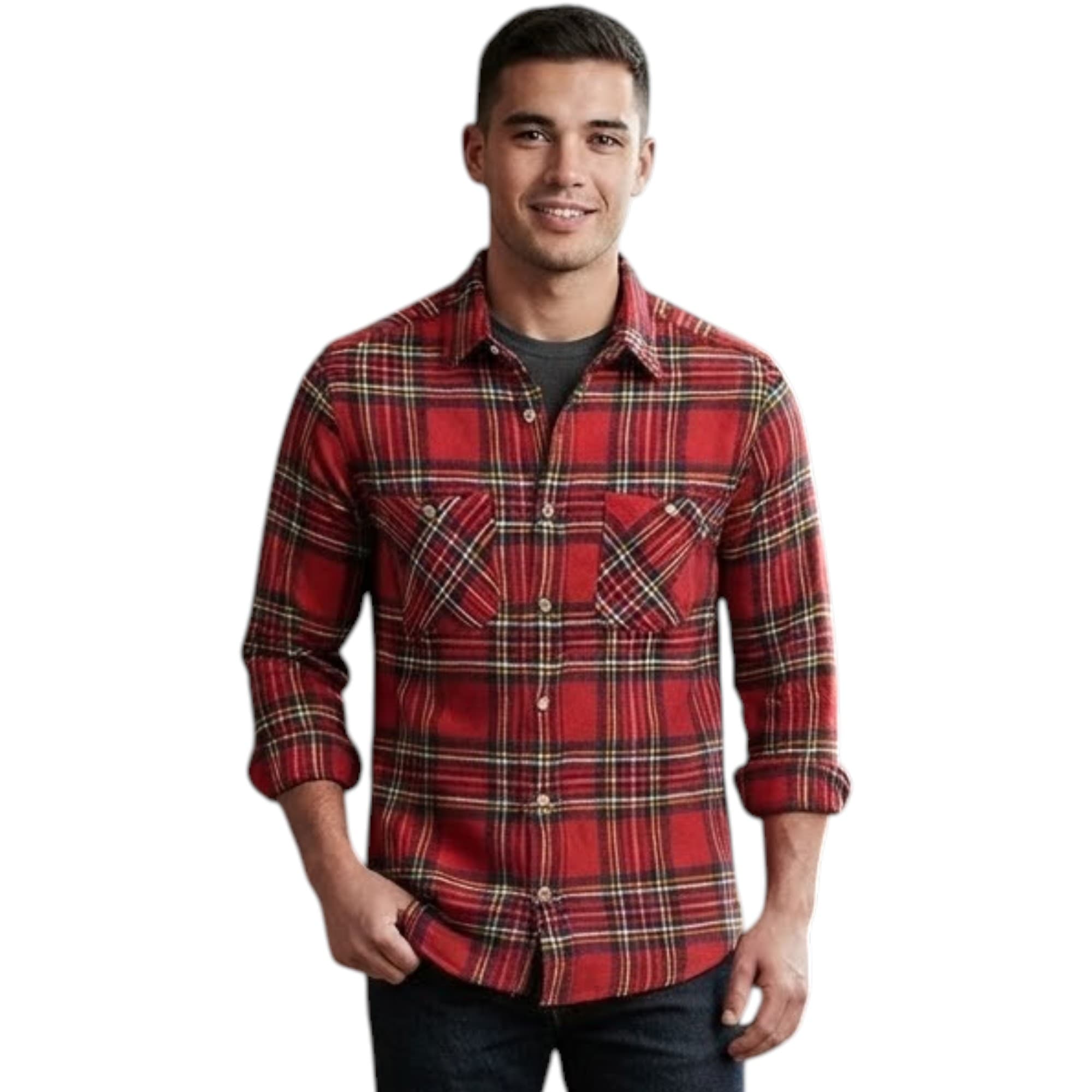 PULL & BEAR men's red check long sleeve shirt front view